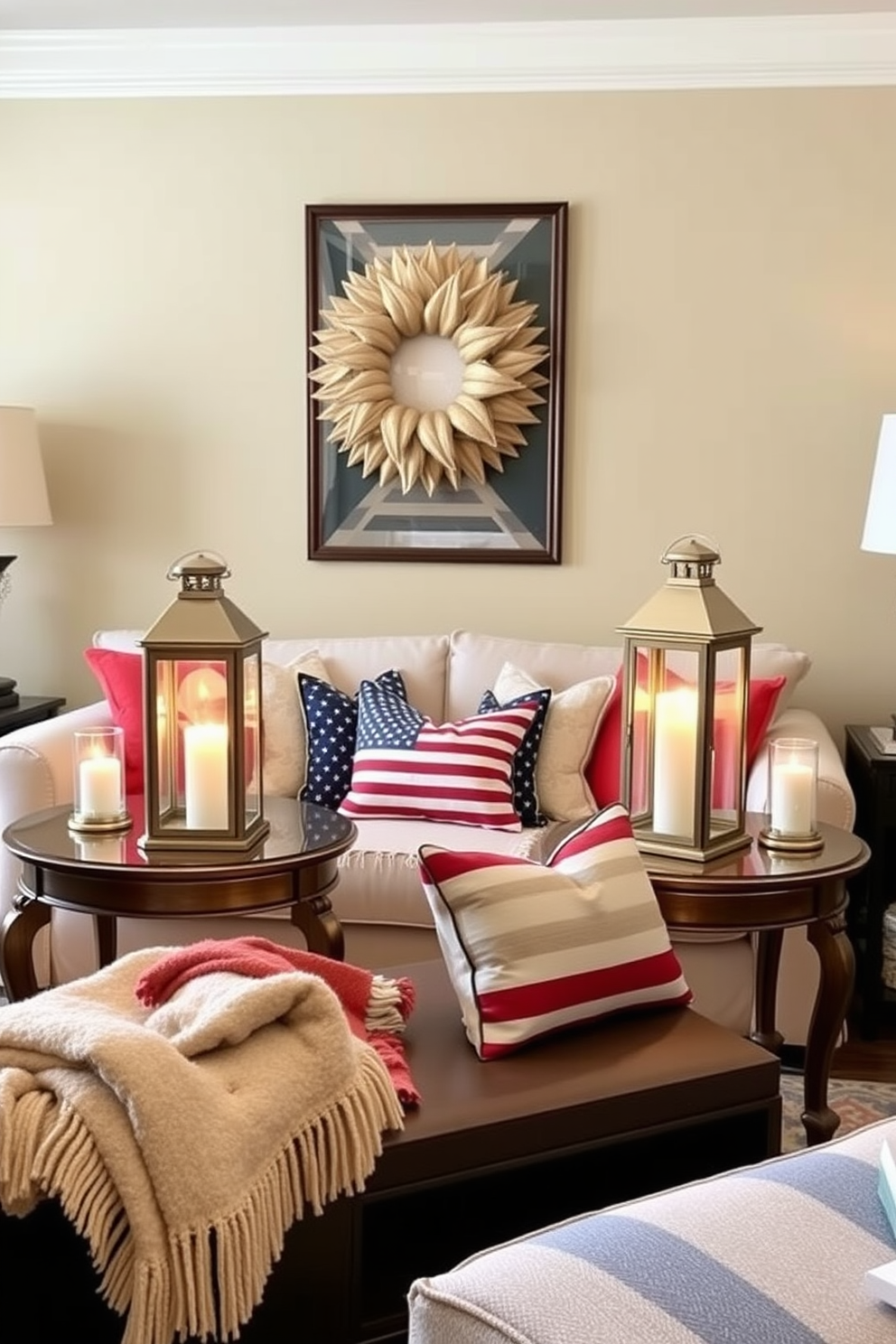 A festive living room setting adorned with candles in red, white, and blue hues. The candles are arranged on a rustic wooden coffee table, surrounded by patriotic-themed decor such as small flags and star-shaped ornaments. The walls are painted in a soft beige, creating a warm backdrop for the vibrant colors. A cozy sectional sofa is draped with a red throw blanket, and a large area rug features a subtle pattern that complements the overall theme.