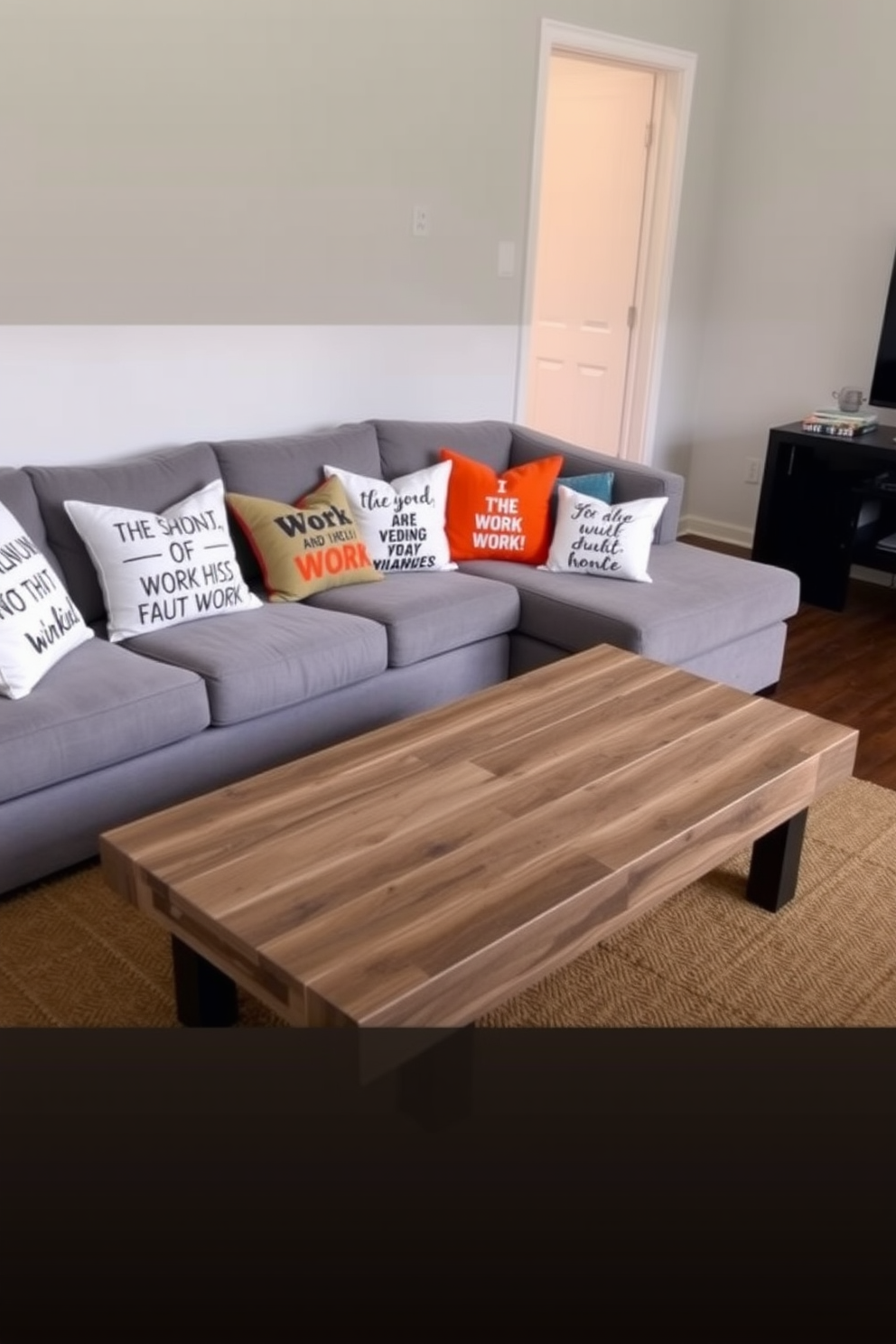 A cozy living room setting adorned with personalized photo frames showcasing cherished family memories. The frames are arranged on a stylish wooden shelf above a plush sofa, which is complemented by colorful throw pillows and a soft knitted blanket. To enhance the Labor Day theme, the space features subtle red, white, and blue accents throughout the decor. A festive centerpiece on the coffee table includes seasonal flowers and small decorative items that celebrate the holiday spirit.