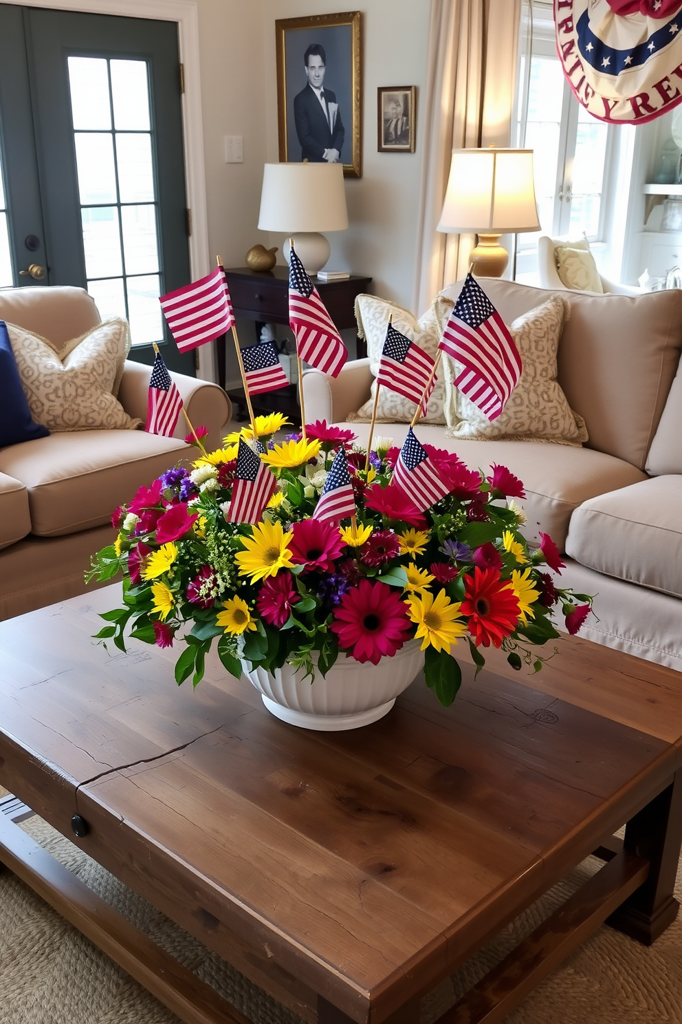 A cozy living room featuring small flags integrated into vibrant flower arrangements. The arrangement is placed on a rustic coffee table surrounded by a plush sofa and armchairs, creating a festive atmosphere for Labor Day celebrations.