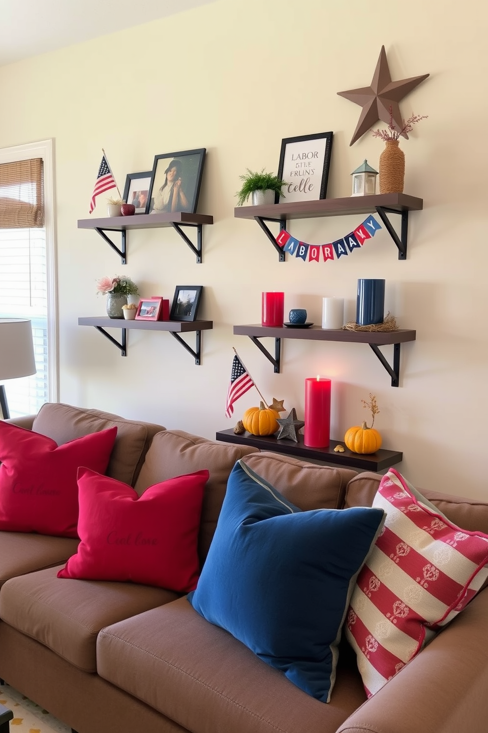 A cozy living room featuring wall-mounted shelves adorned with seasonal decor for Labor Day. The shelves are filled with patriotic decorations, including small flags, red and blue candles, and autumn-themed accents.