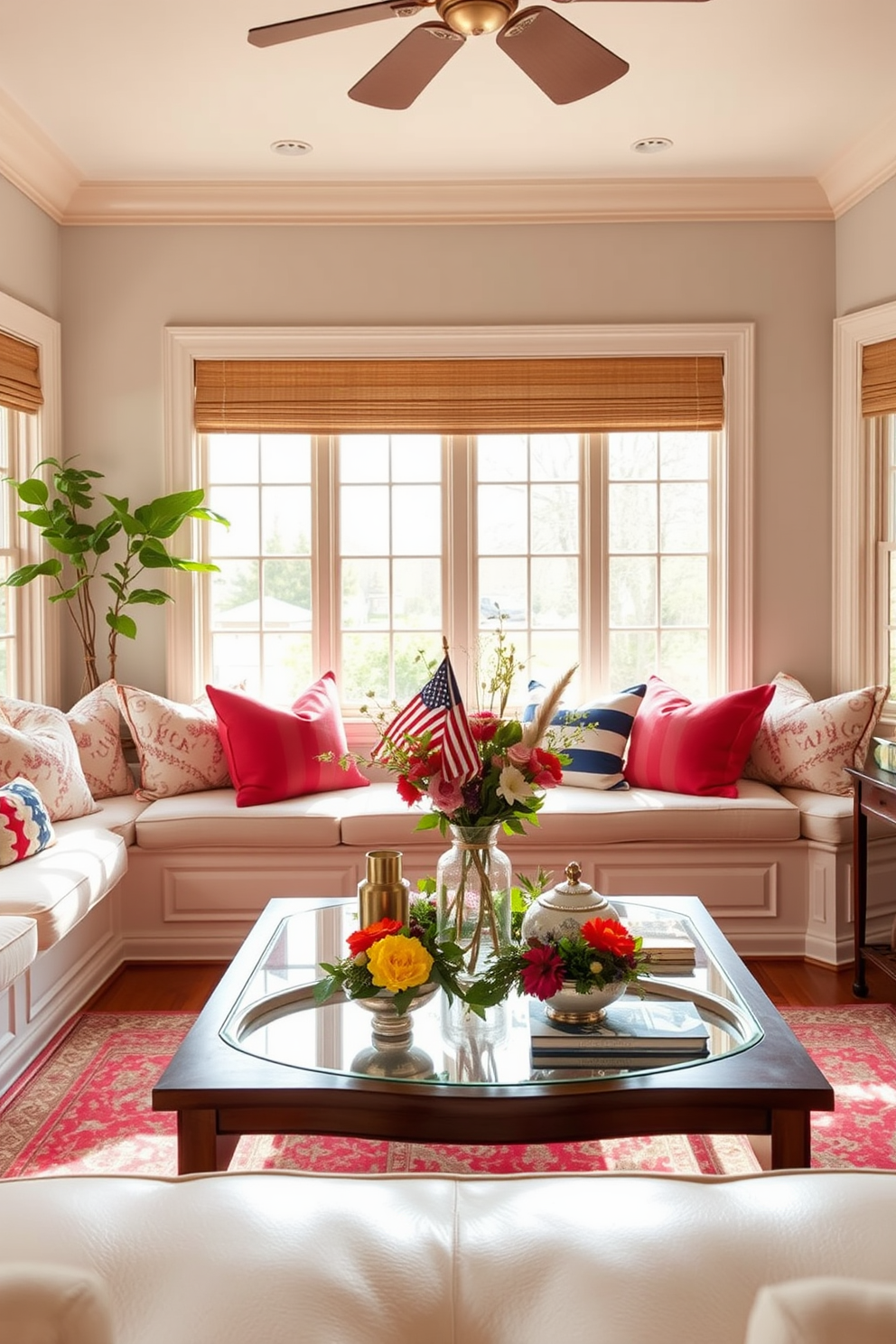 A cozy living room setting with a stylish coffee table showcasing seasonal books. The table is adorned with a vibrant autumn centerpiece, featuring small pumpkins and colorful leaves.