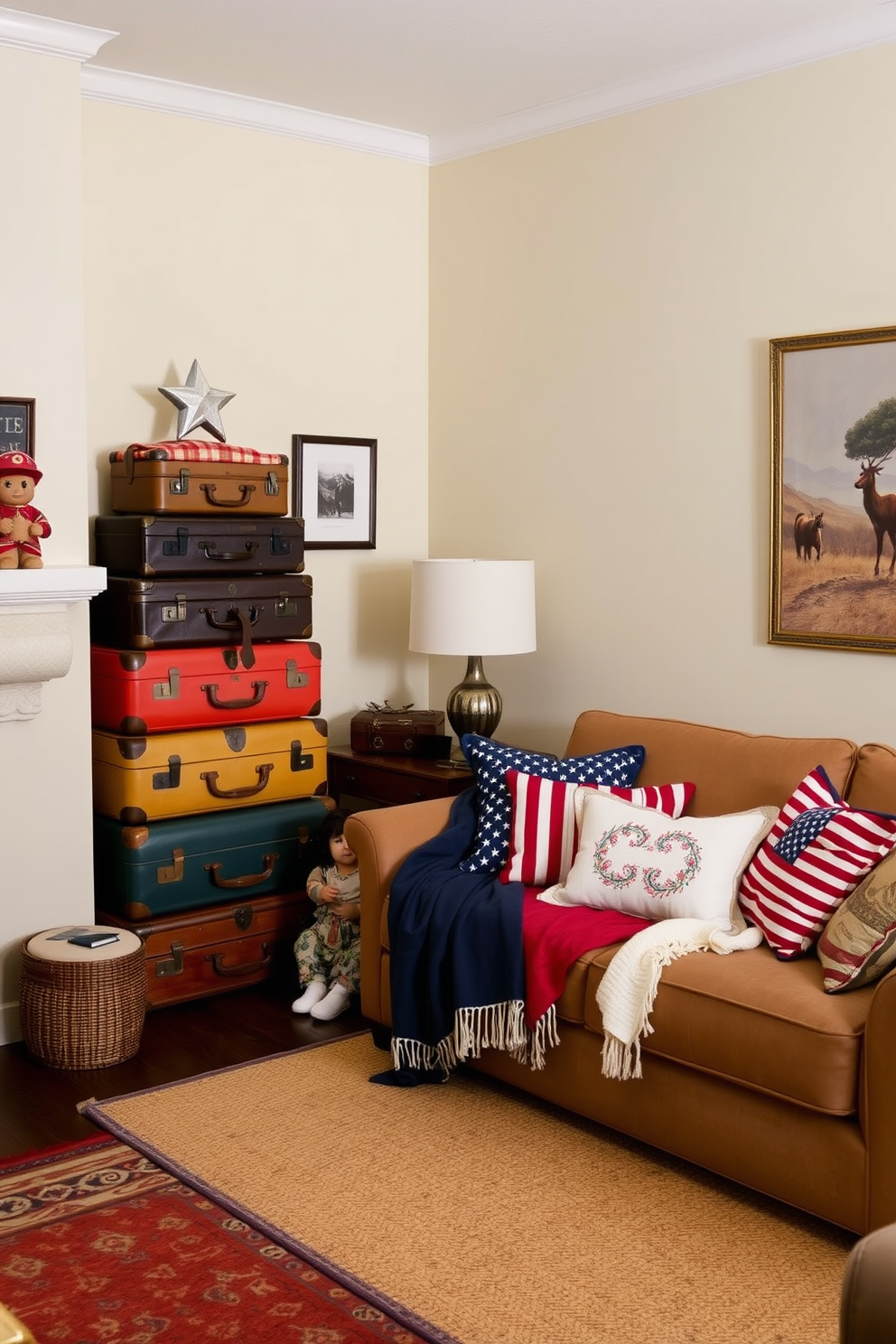 A cozy living room featuring vintage suitcases stacked as decorative accents in the corner. The suitcases are in various colors and sizes, adding a touch of nostalgia to the space. The room is styled for Labor Day celebrations with a warm color palette of red, white, and blue. Festive cushions and throws are arranged on the sofa, enhancing the inviting atmosphere.