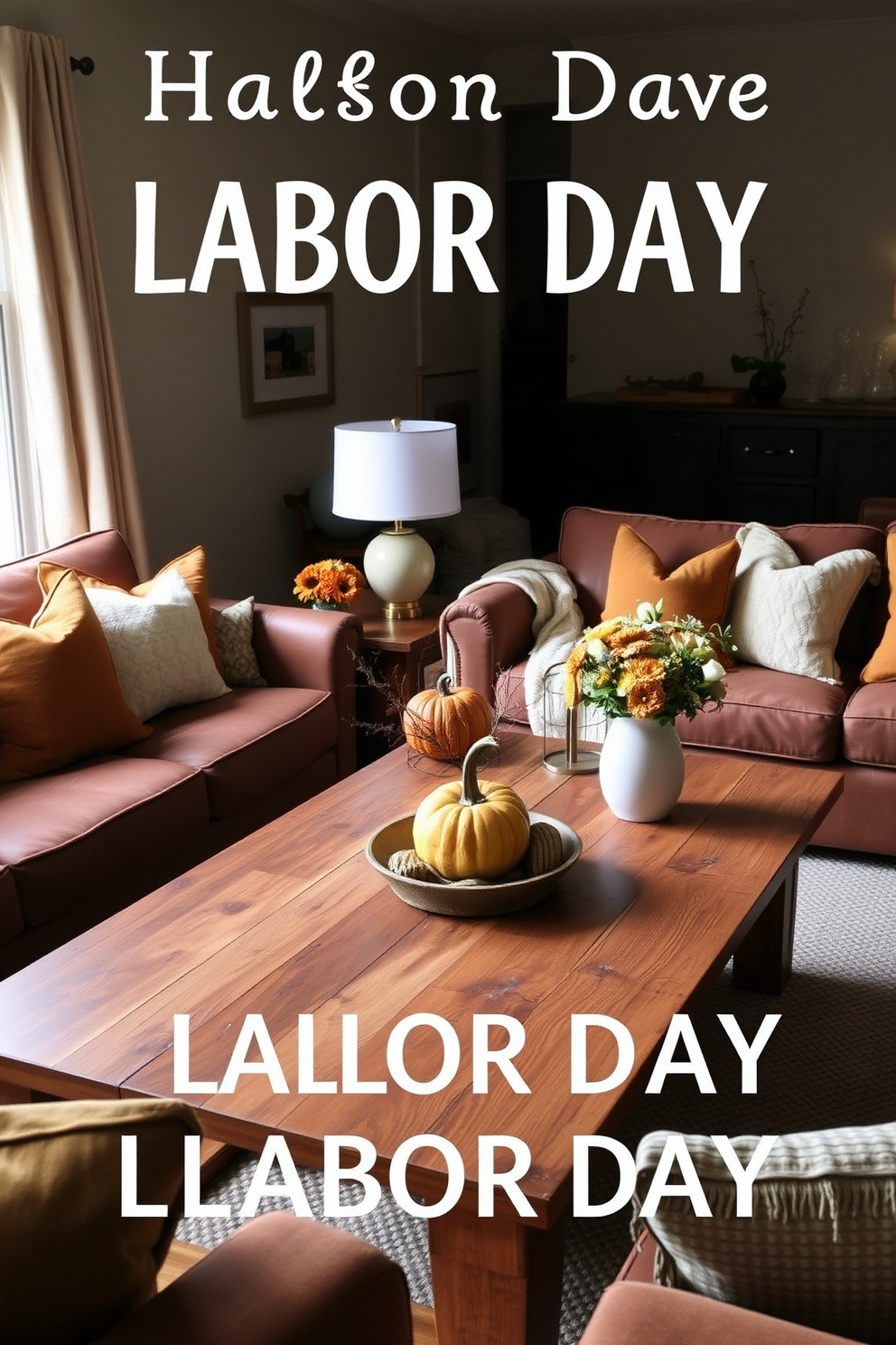 A rustic wooden coffee table serves as the centerpiece of the living room. Surrounding it are cozy seating arrangements with warm-toned cushions and a soft throw blanket. The decor features subtle touches of autumn, including small pumpkins and seasonal flowers in earthy hues. Soft lighting from a nearby lamp creates an inviting atmosphere perfect for Labor Day gatherings.