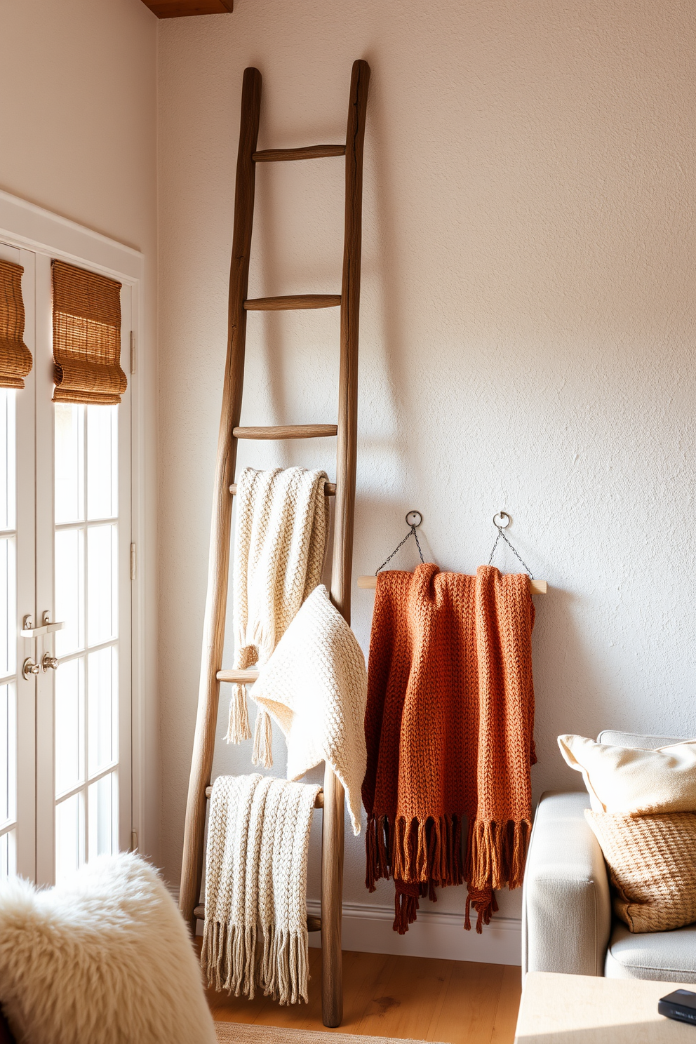 A rustic wooden ladder leans against a textured wall, adorned with cozy knitted throws in warm earth tones. The ladder serves as a charming focal point, inviting relaxation in a casual living room setting filled with natural light and inviting decor.