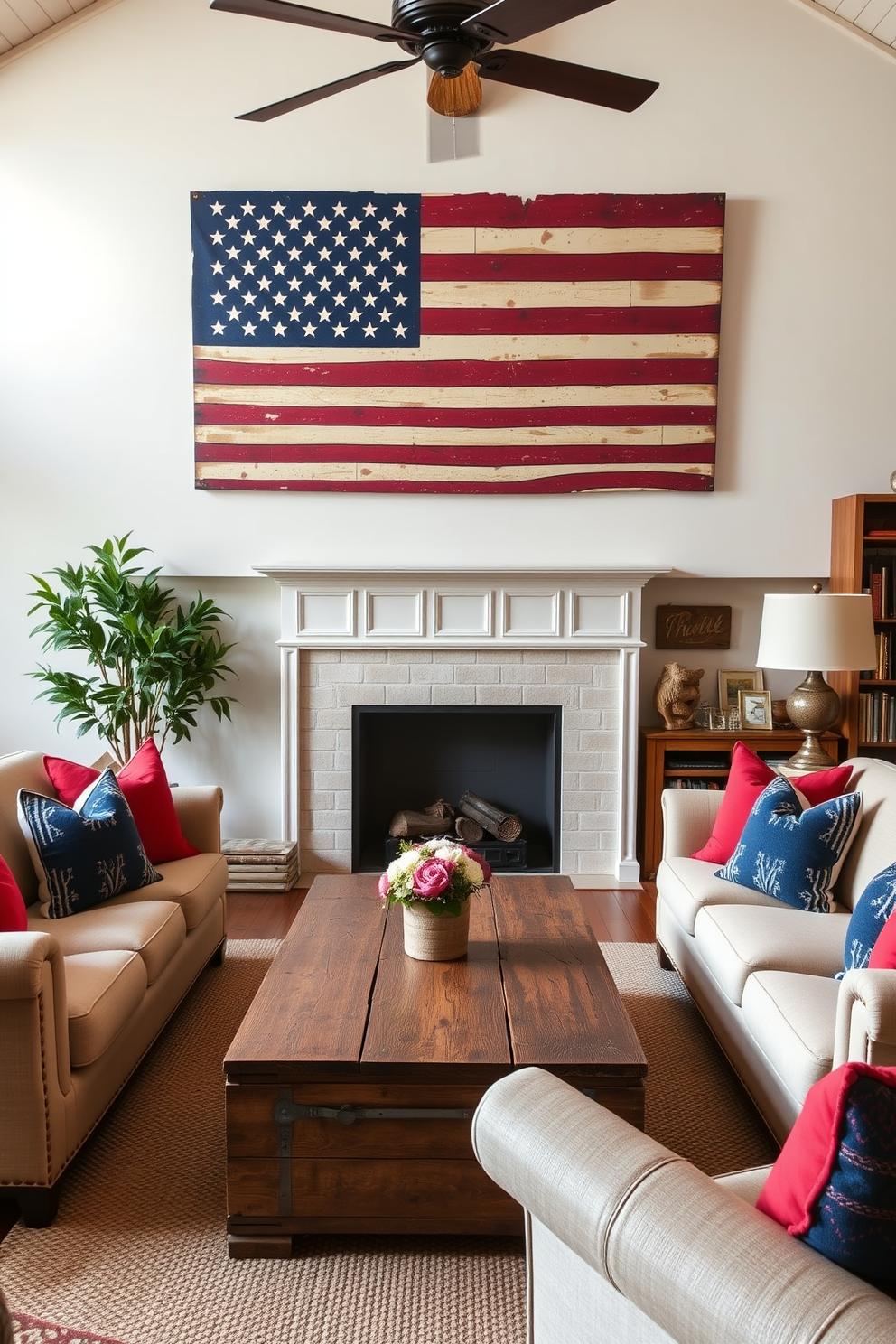 A cozy living room adorned with vintage American flag wall art. The space features a rustic wooden coffee table surrounded by plush, neutral-colored sofas, accented by red and blue throw pillows.