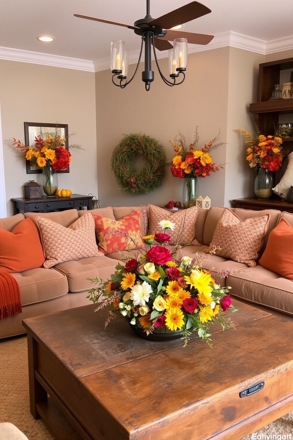 A cozy living room adorned with fall floral arrangements in elegant vases. The space features warm tones with rich oranges, deep reds, and soft yellows, creating a welcoming atmosphere for Labor Day celebrations. A large, plush sofa is complemented by textured throw pillows in autumn hues. A rustic coffee table holds a centerpiece of seasonal flowers, while soft ambient lighting enhances the inviting vibe.