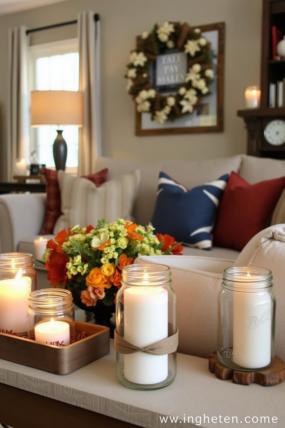 A cozy living room setting adorned with candles in mason jars placed strategically around the space. The soft glow of the candles creates a warm ambiance, enhancing the inviting atmosphere of the room. The decor features a blend of rustic and modern elements, with comfortable seating that encourages relaxation. Accent pillows in autumn colors complement the seasonal theme, making it perfect for Labor Day celebrations.