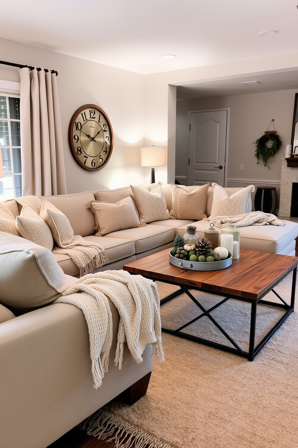 A cozy living room adorned with neutral throw blankets draped over a plush sectional sofa. Soft, ambient lighting creates a warm atmosphere, while a rustic coffee table showcases seasonal decor. Incorporate decorative pillows in subtle earth tones to enhance the inviting feel. A stylish area rug anchors the space, complementing the overall aesthetic for a perfect Labor Day gathering.