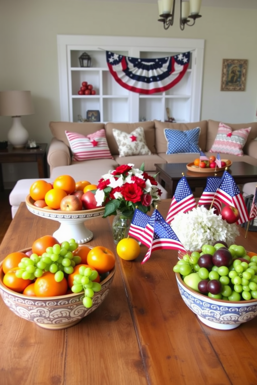 A cozy living room adorned with star shaped lanterns casting a warm glow throughout the space. The room features a plush sectional sofa in soft earth tones, complemented by vibrant throw pillows and a rustic wooden coffee table at the center. Decorative accents in red, white, and blue celebrate Labor Day, with a festive banner draped above the mantel. A woven area rug anchors the seating arrangement, while potted plants add a touch of greenery to enhance the inviting atmosphere.