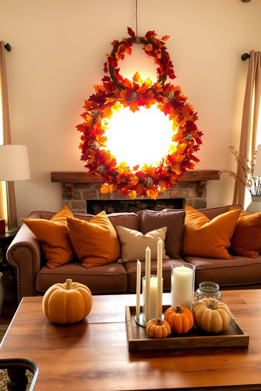 A cozy living room adorned with a wreath made of vibrant autumn leaves. The wreath is hung above a rustic fireplace, complemented by warm-toned throw pillows on a plush sofa. The space features a wooden coffee table adorned with seasonal decor, including small pumpkins and candles. Soft golden light filters through sheer curtains, creating an inviting atmosphere perfect for Labor Day gatherings.