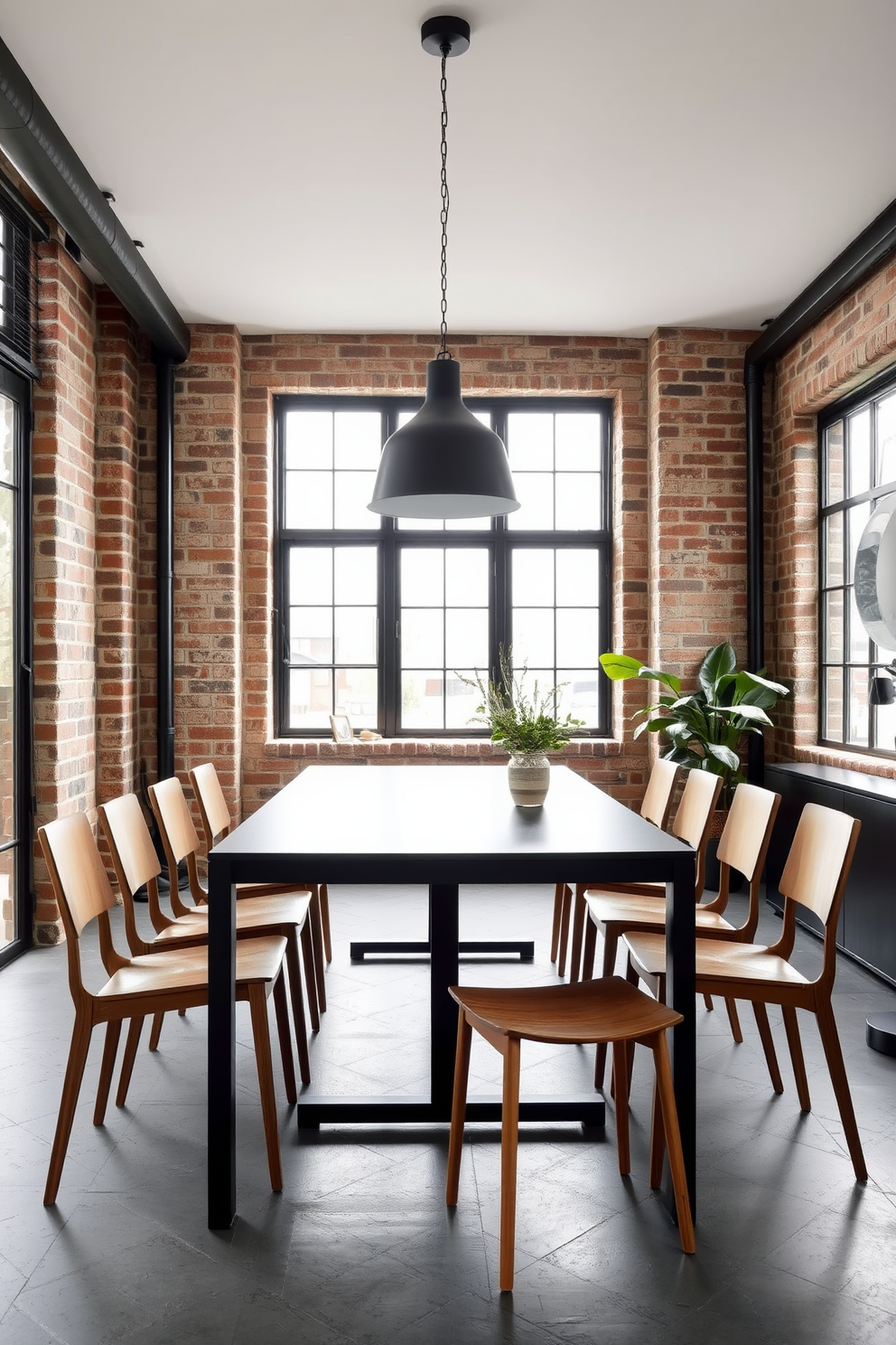 Modern industrial furniture with clean lines. A sleek black metal frame table accompanied by minimalist wooden chairs creates a stylish dining area. Exposed brick walls provide a rustic backdrop, while large windows allow natural light to flood the space. A statement pendant light hangs above the table, adding a touch of elegance to the industrial aesthetic.