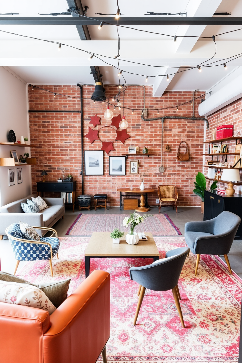 Textured blankets are elegantly draped over a plush sofa, adding warmth and comfort to the living space. The blankets feature a mix of soft hues, enhancing the cozy atmosphere of the room. In the background, industrial-style decor elements like exposed brick walls and metal light fixtures create a trendy loft vibe. A rustic coffee table complements the overall aesthetic, inviting relaxation and conversation.