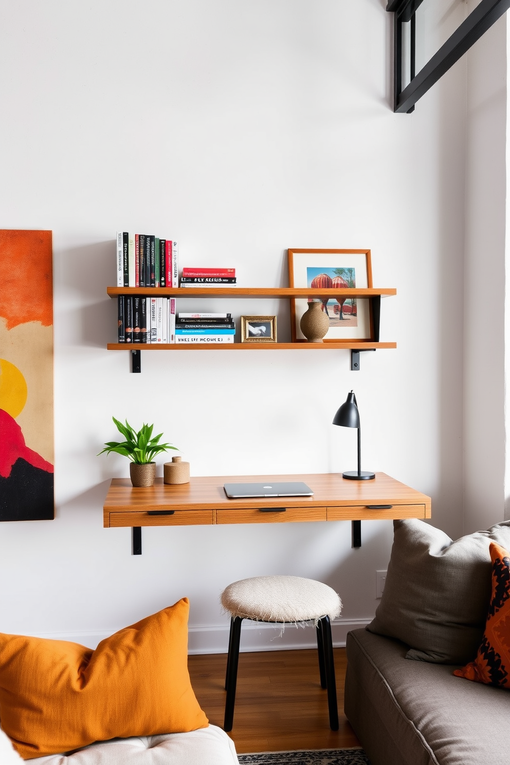 A modern wall-mounted desk is positioned against a bright white wall, featuring a sleek design with clean lines and a natural wood finish. Above the desk, floating shelves display neatly organized books and decorative items, creating an efficient and stylish workspace. In the Labor Day loft, the decor embraces a relaxed yet chic atmosphere with a mix of rustic and contemporary elements. Cozy seating arrangements with oversized cushions invite relaxation, while vibrant artwork adds a pop of color to the industrial-style space.