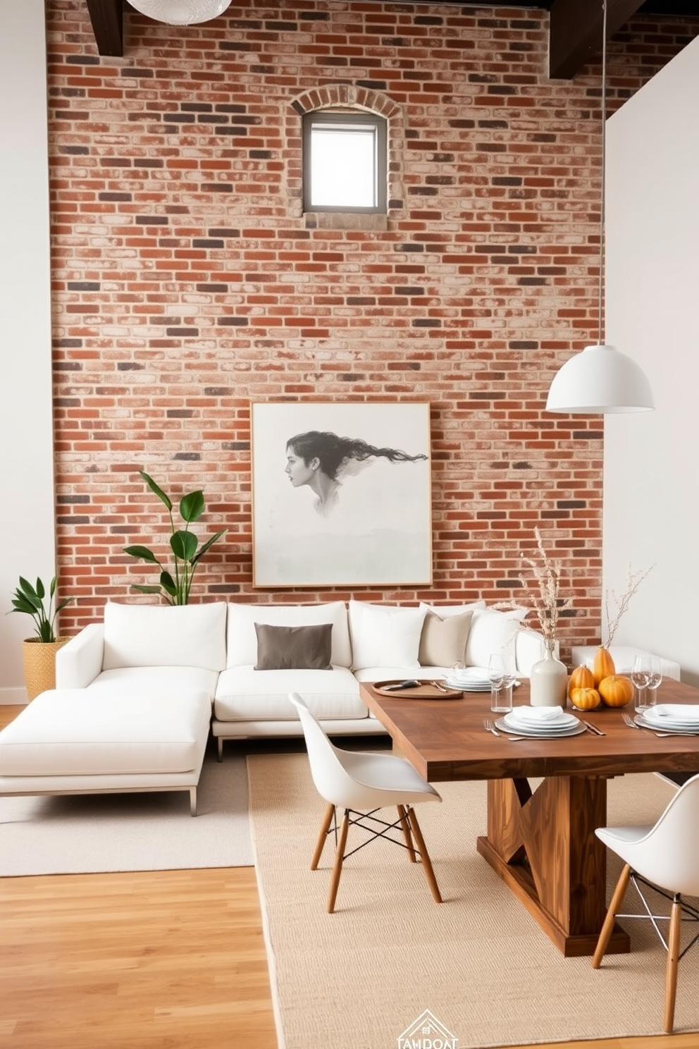 A minimalist living room featuring a neutral color palette with a sleek white sofa and a low-profile coffee table. The space is accented with a single potted plant in the corner and a large abstract painting hung on the wall. Labor Day loft decorating ideas showcasing an open-concept space with industrial elements. Exposed brick walls complement a modern sectional sofa and a reclaimed wood dining table, adorned with simple table settings and seasonal decor.