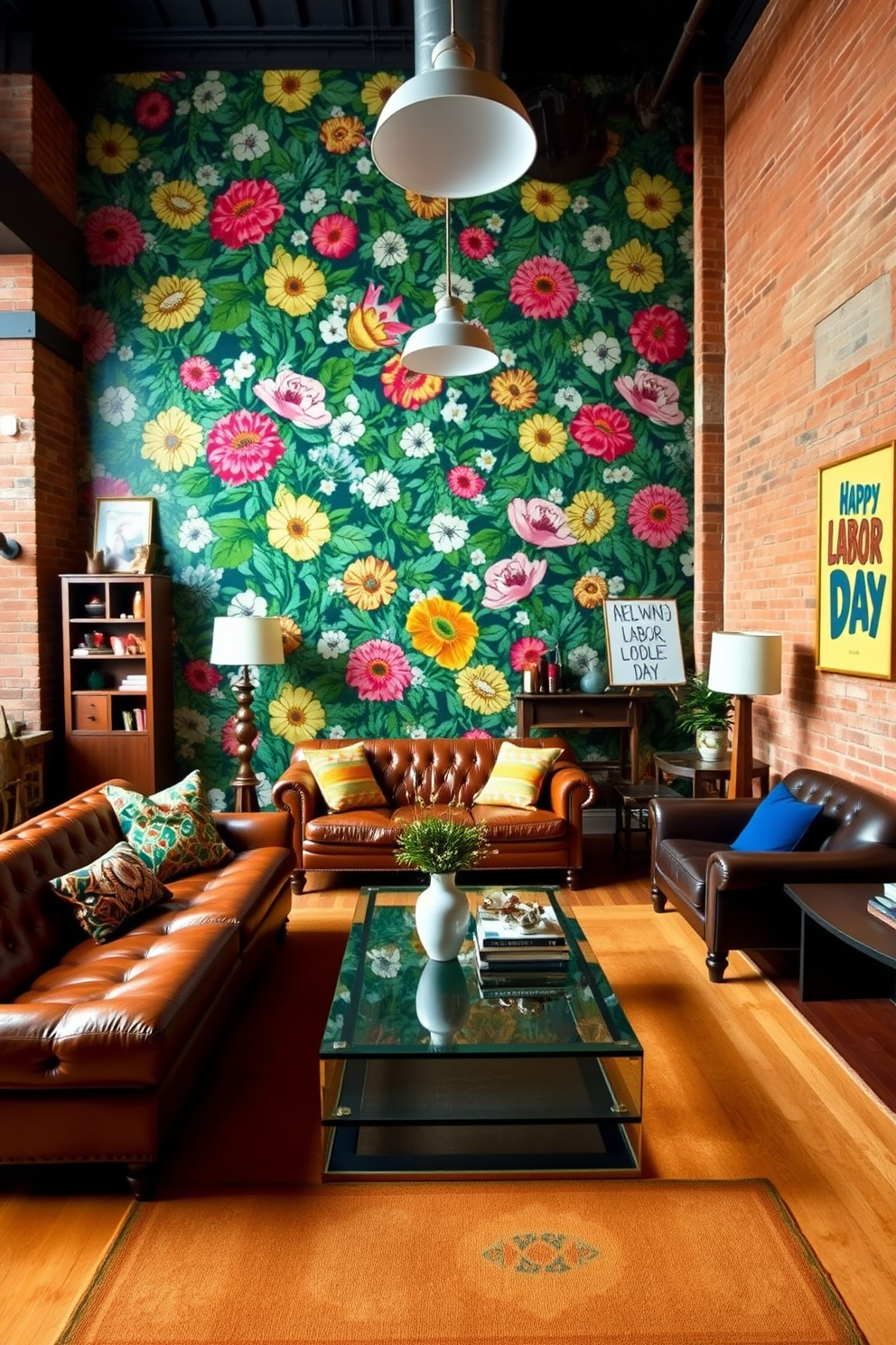 A vibrant loft space features bold floral wallpaper that creates a dramatic focal point on one wall. The room is filled with eclectic furniture pieces, including a vintage leather sofa and a sleek glass coffee table, all accented by colorful throw pillows. The decor incorporates a mix of industrial and modern elements, with exposed brick walls and contemporary lighting fixtures. A large area rug in warm tones anchors the seating area, while art pieces celebrating Labor Day add a festive touch to the overall ambiance.