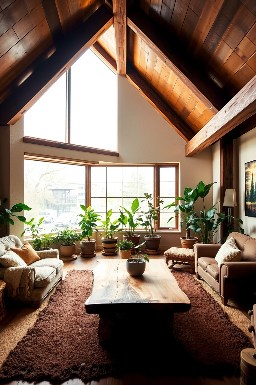 A cozy loft space featuring natural wood elements that add warmth and character. The room is adorned with wooden beams on the ceiling and a reclaimed wood coffee table at the center, creating an inviting atmosphere. The walls are painted in a soft beige, complemented by plush textiles in earthy tones. A large window allows ample natural light to flood the space, highlighting a collection of potted plants that bring life to the decor.