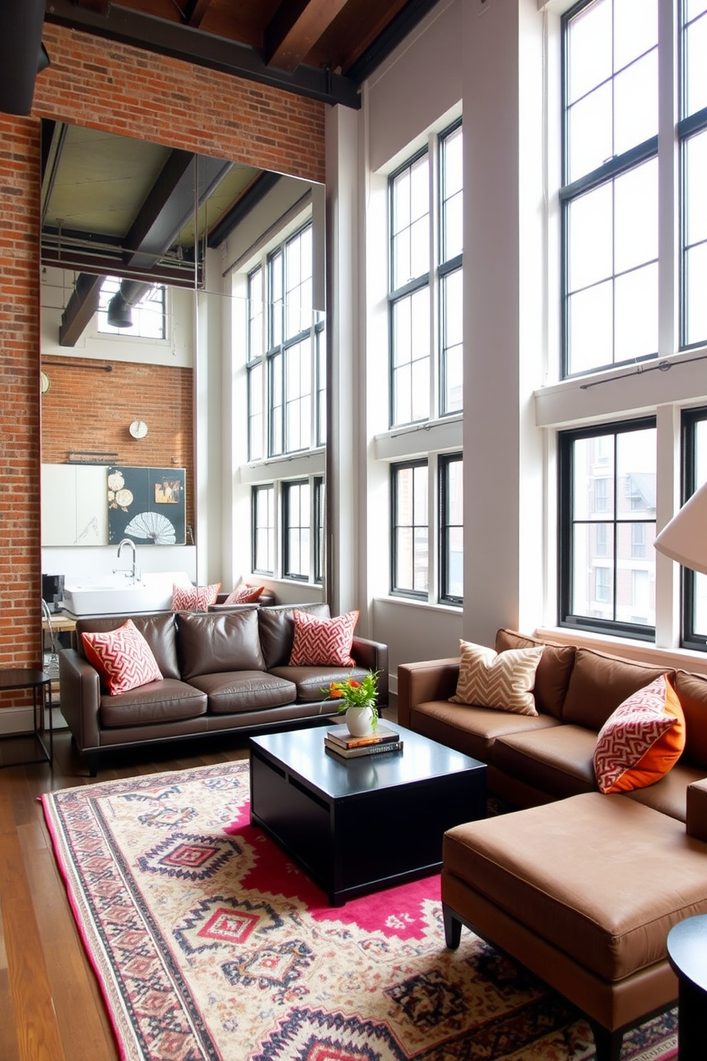 A modern loft space featuring creative use of mirrors to expand the sense of space. Large floor-to-ceiling mirrors are strategically placed on one wall, reflecting natural light and creating an illusion of depth. The decor includes a blend of industrial and contemporary styles, with exposed brick walls and sleek furniture. Cozy seating arrangements are enhanced with colorful throw pillows and a statement rug that ties the room together.