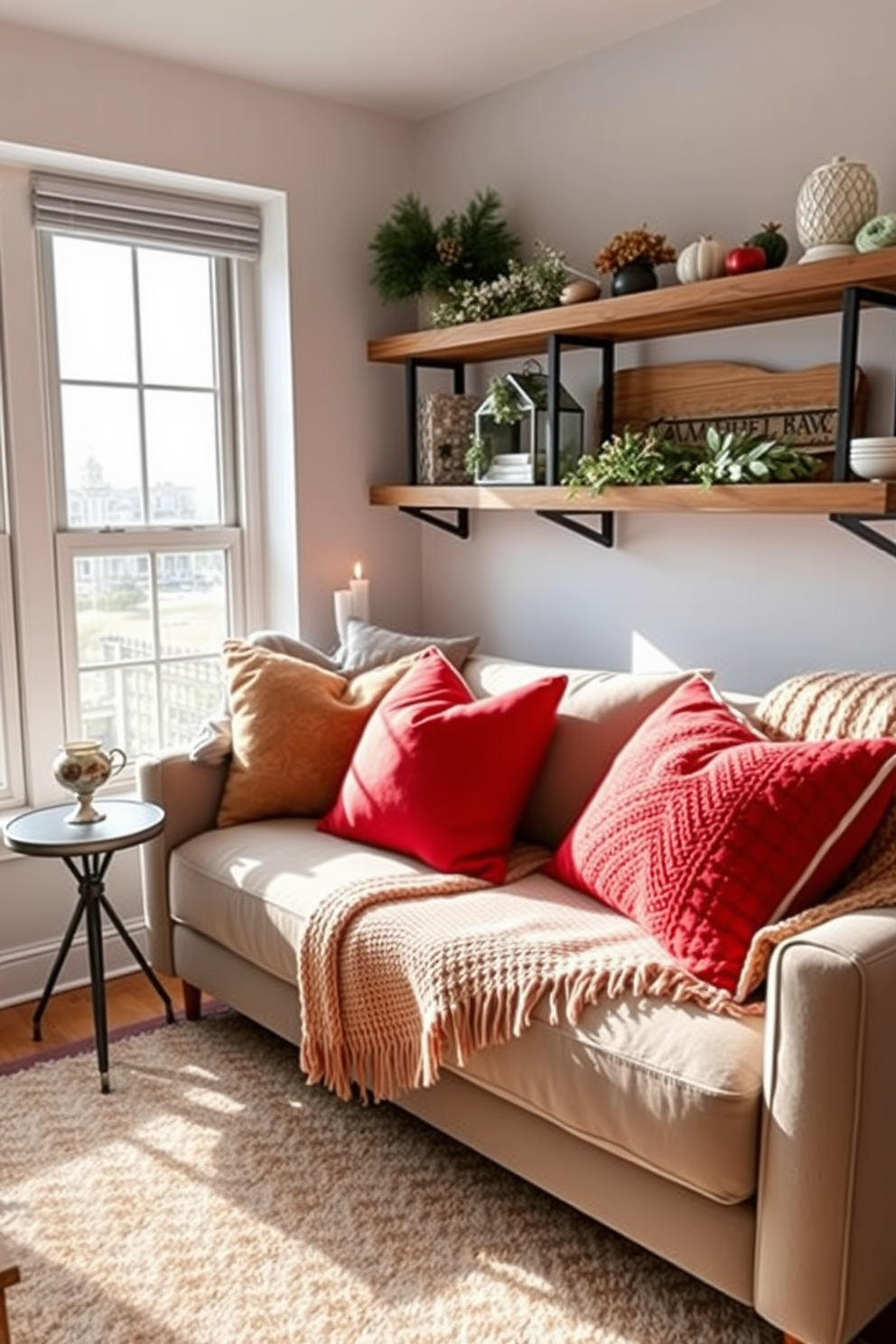 Cozy reading nook with oversized cushions. A plush armchair is positioned beside a large window, bathed in natural light, with a small side table holding a steaming cup of tea. Labor Day Loft Decorating Ideas. Incorporate vibrant throw pillows and a warm, textured blanket on a sleek sofa, complemented by rustic wooden shelves adorned with seasonal decorations.