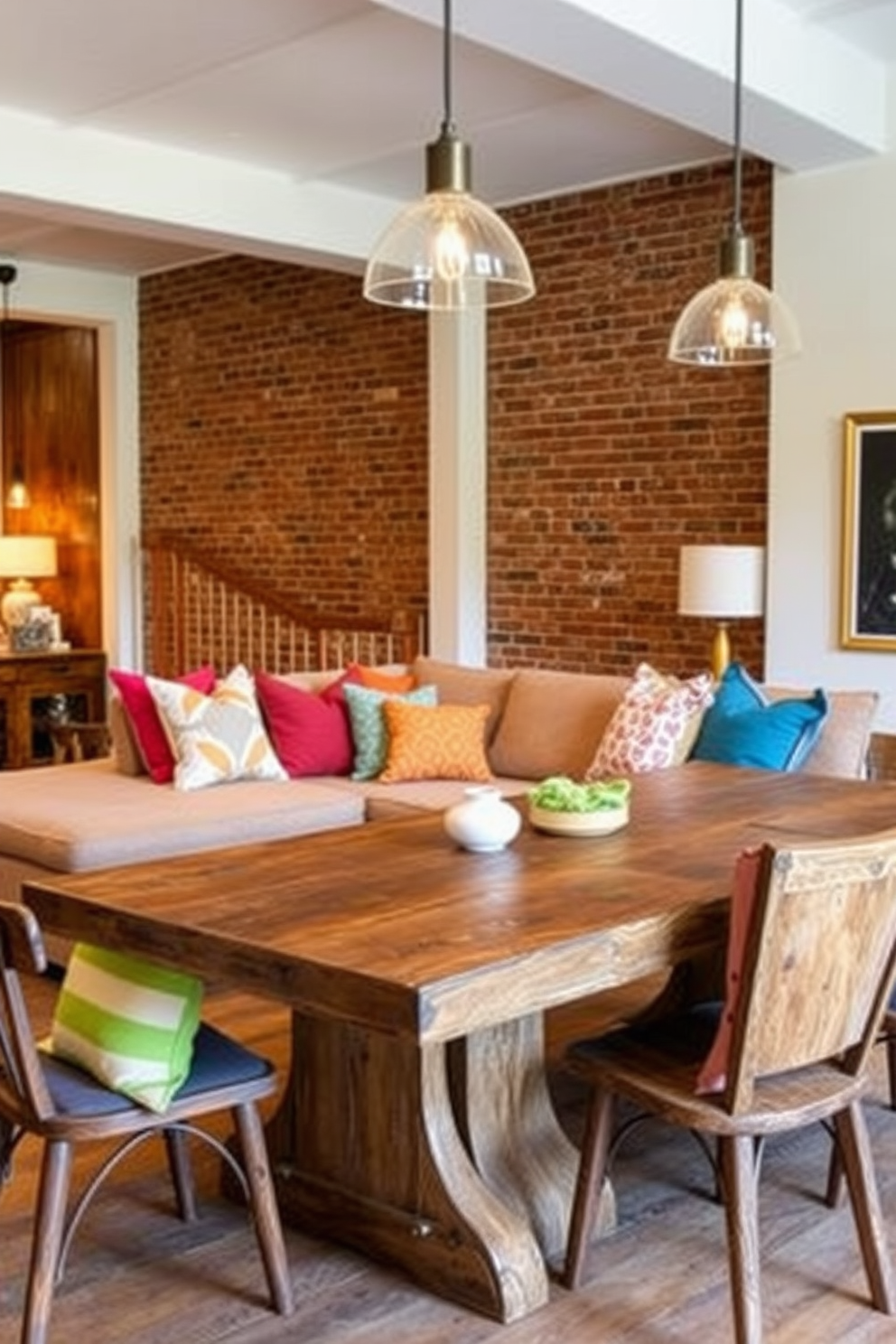 A cozy loft space featuring a mix of rustic and modern elements. The room is adorned with red, white, and blue accents, including throw pillows and a festive banner. A large wooden coffee table sits in the center, surrounded by comfortable seating. Fresh flowers in a vase and small decorative items add a touch of seasonal charm.