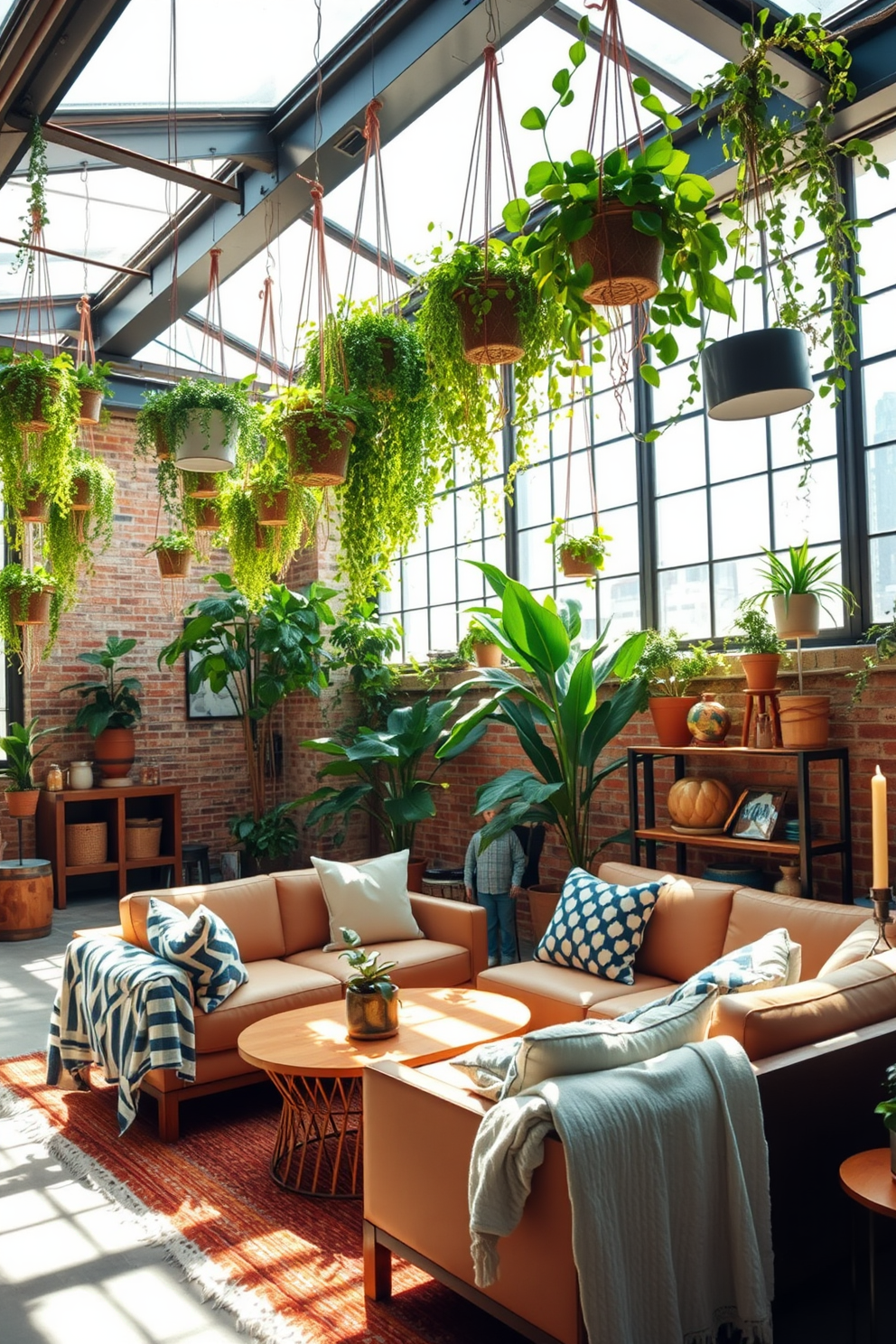 Create a vibrant loft space filled with natural light. Incorporate hanging plants of various sizes suspended from the ceiling to add vertical interest and a touch of greenery. Design the area with a mix of industrial and cozy elements. Use warm tones and textures to celebrate Labor Day, featuring comfortable seating and decorative accents that evoke a relaxed holiday atmosphere.