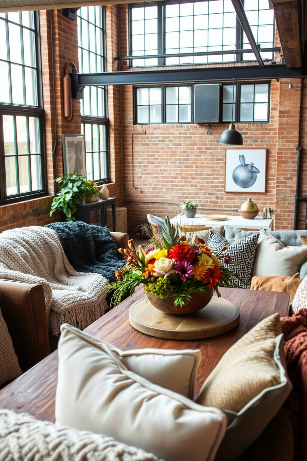 Textured throws are draped over a plush sofa, adding warmth and inviting comfort to the living space. The loft features industrial-style elements with exposed brick walls and large windows that allow natural light to flood the room. Labor Day decorating ideas include a vibrant centerpiece on the dining table, showcasing seasonal flowers and rustic accents. Cozy seating arrangements with layered cushions and throws create a welcoming atmosphere for gatherings with friends and family.