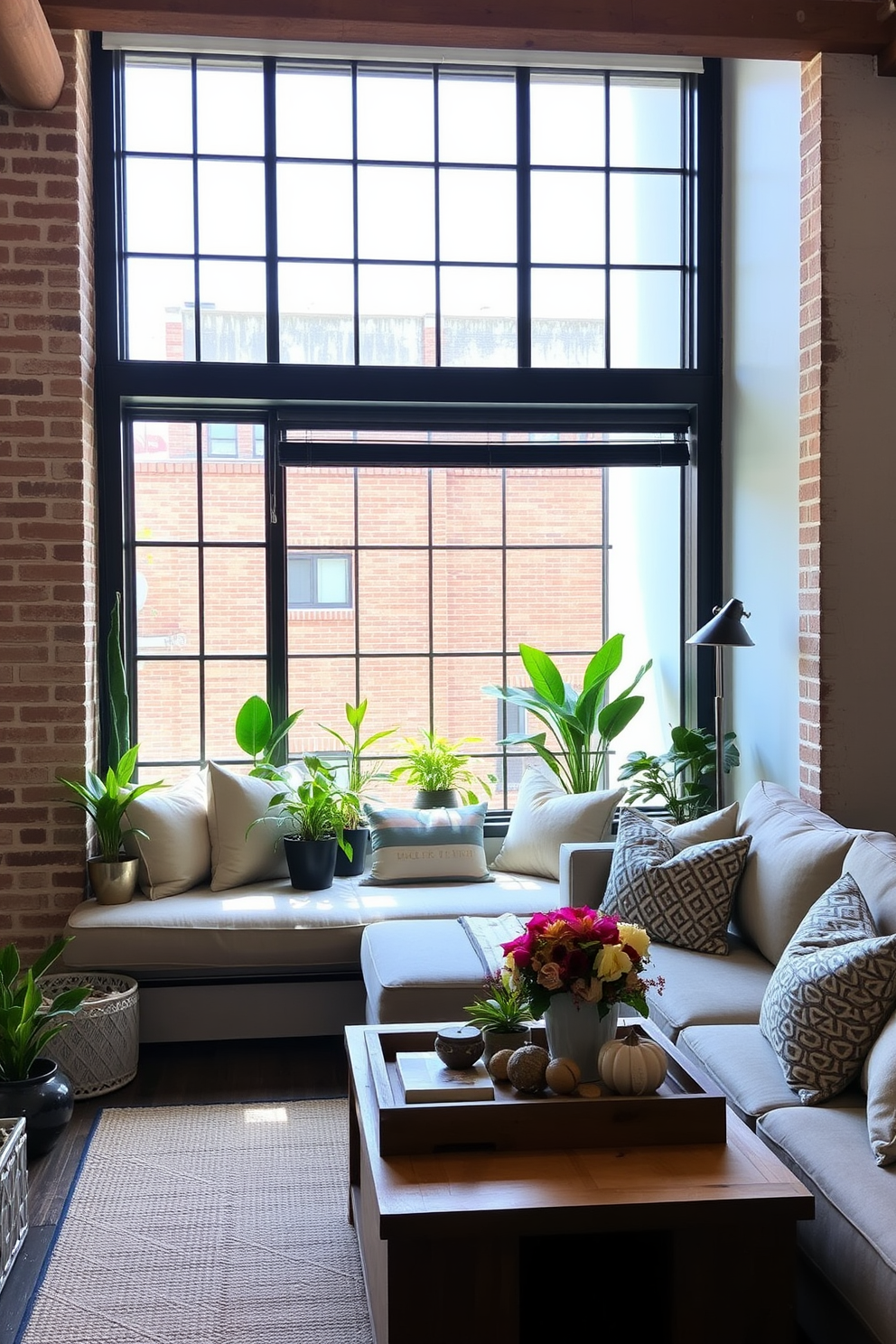 A cozy cushioned window seat is nestled in a sunlit corner, adorned with plush throw pillows in soft pastel hues. Surrounding the seat, potted plants add a touch of greenery, creating a serene space for relaxation and reading. The Labor Day loft is styled with a blend of rustic and modern elements, featuring exposed brick walls and sleek metal accents. A large, inviting sectional sofa is complemented by a wooden coffee table, topped with seasonal decor and vibrant flowers.