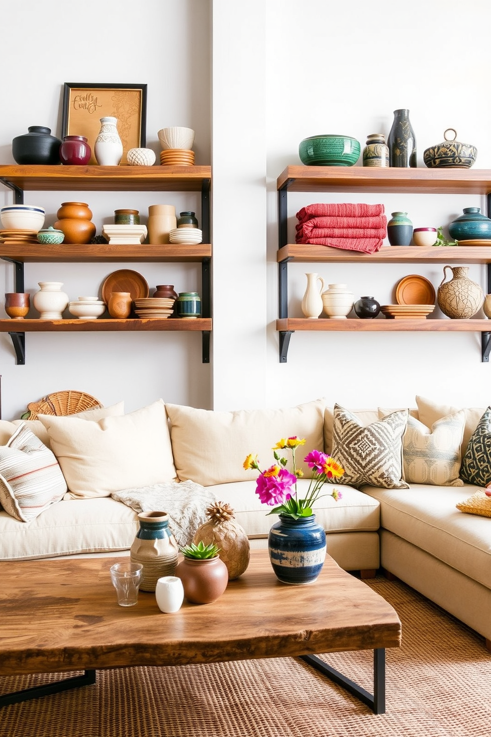 Artisan ceramics are beautifully arranged on open shelving, showcasing a variety of textures and colors that enhance the space's warmth. The shelves are made of reclaimed wood, adding a rustic charm to the modern loft aesthetic. Labor Day loft decorating ideas include incorporating seasonal elements like vibrant throw pillows and cozy blankets in rich hues. A large, inviting sectional sofa anchors the living area, complemented by a stylish coffee table adorned with fresh flowers and artisan ceramics.