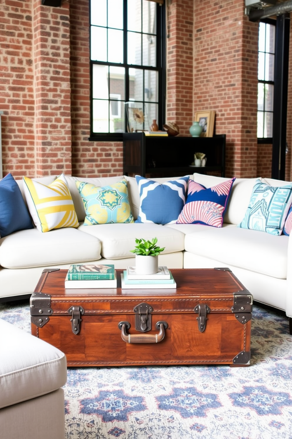 A vintage trunk is used as a chic coffee table in a stylish living room. The trunk is adorned with decorative books and a small potted plant, surrounded by a cozy sectional sofa and a patterned area rug. Labor Day loft decorating ideas feature a blend of rustic and modern elements. Exposed brick walls complement sleek furniture, while colorful throw pillows and festive decor create a welcoming atmosphere.