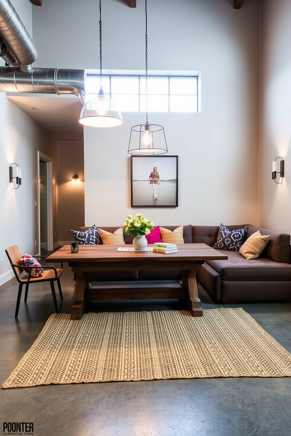 Layered lighting creates a warm and inviting atmosphere in the living space. Pendant lights hang above a rustic wooden dining table, while wall sconces provide soft illumination along the walls. For Labor Day loft decorating ideas, incorporate a mix of vibrant colors and cozy textiles. Large throw pillows in bold patterns adorn the sectional sofa, and a woven rug adds texture to the polished concrete floor.