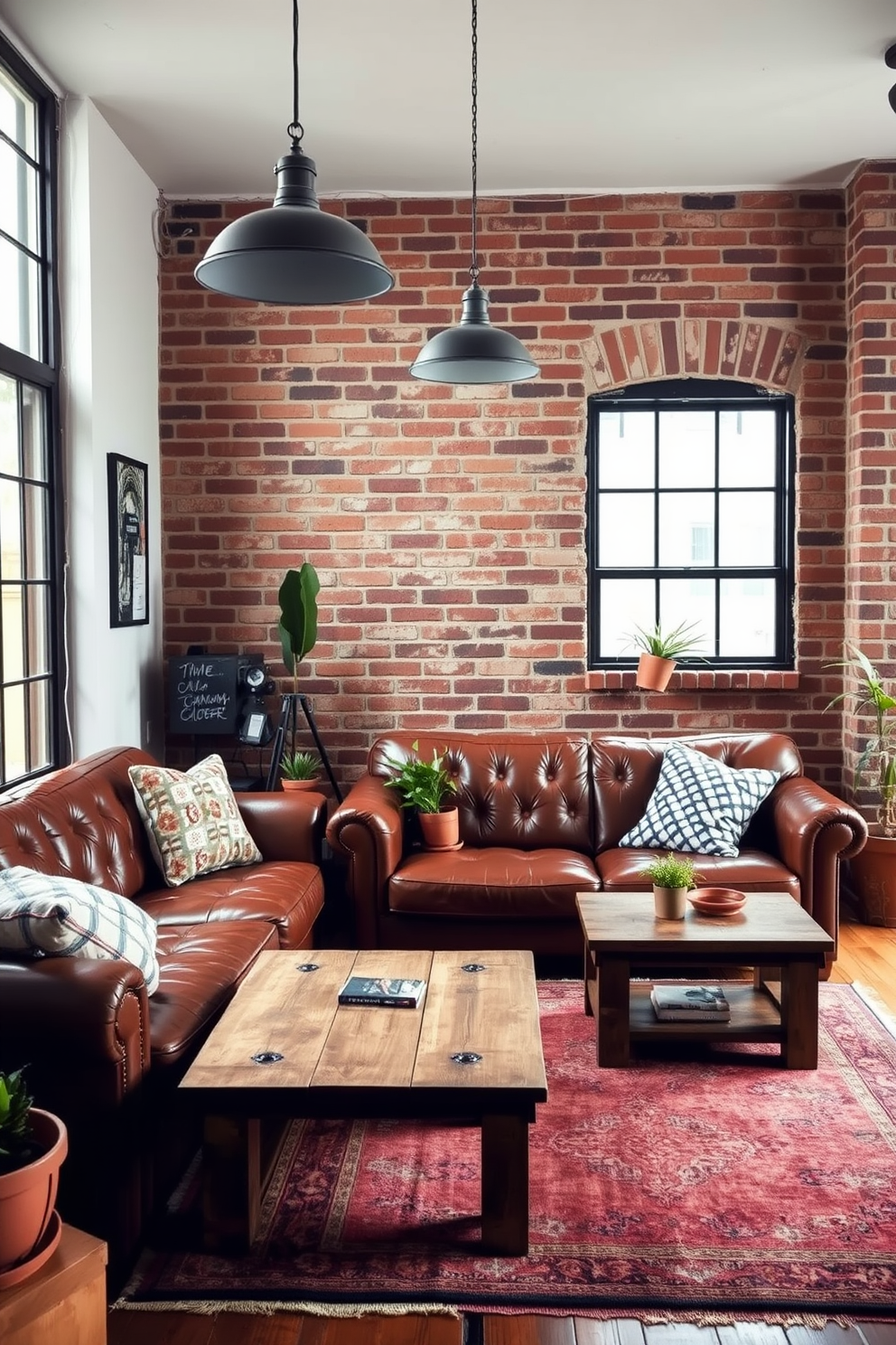 A cozy living room featuring an exposed brick wall that adds rustic charm to the space. The room is furnished with a plush leather sofa and a reclaimed wood coffee table, creating a warm and inviting atmosphere. Decorative elements include a vintage area rug and potted plants that bring life to the room. Soft lighting from industrial-style pendant lamps enhances the cozy ambiance, perfect for relaxing on Labor Day.