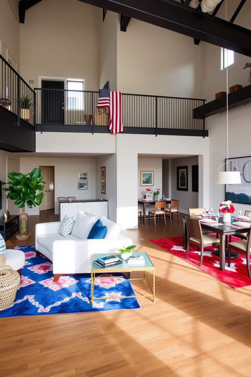 A spacious loft with high ceilings features bold area rugs in vibrant colors that define different living spaces. The rugs are strategically placed under a cozy seating area and a stylish dining table, enhancing the overall aesthetic of the room. For Labor Day, the loft is decorated with festive elements that celebrate the holiday. Red, white, and blue accents are incorporated through throw pillows, table settings, and wall art, creating a welcoming atmosphere for gatherings.