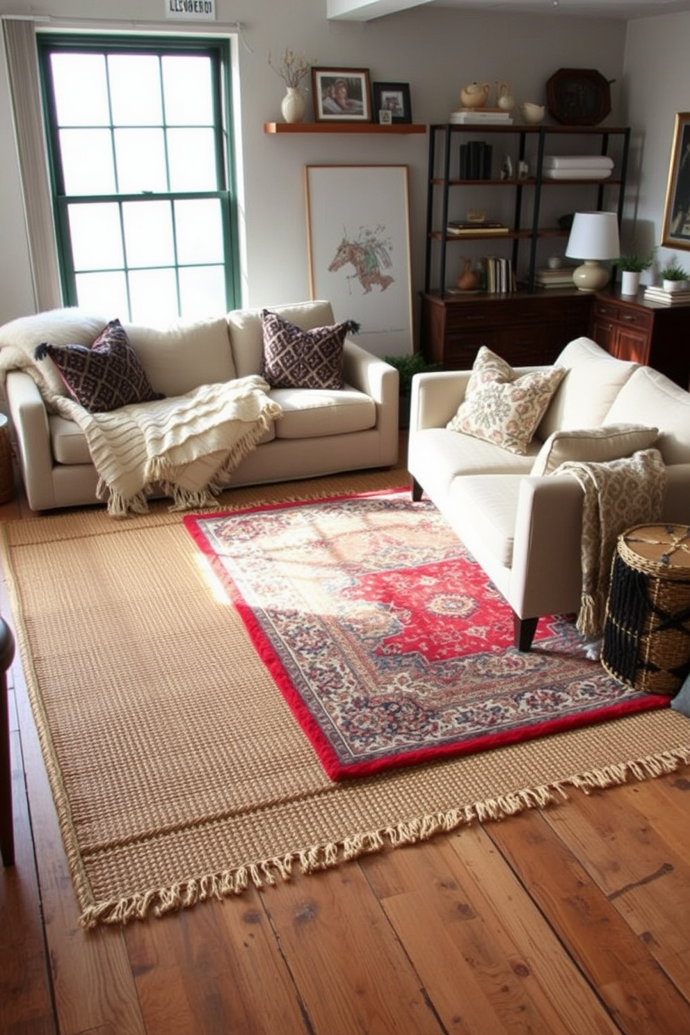 Layered rugs in a cozy living room setting create added texture and warmth. The first rug is a large neutral-toned jute rug, topped with a smaller, intricately patterned Persian rug that adds a pop of color. Labor Day loft decorating ideas emphasize a relaxed yet stylish atmosphere. Incorporate oversized cushions, soft throws, and a mix of industrial and vintage furniture to enhance the inviting vibe.