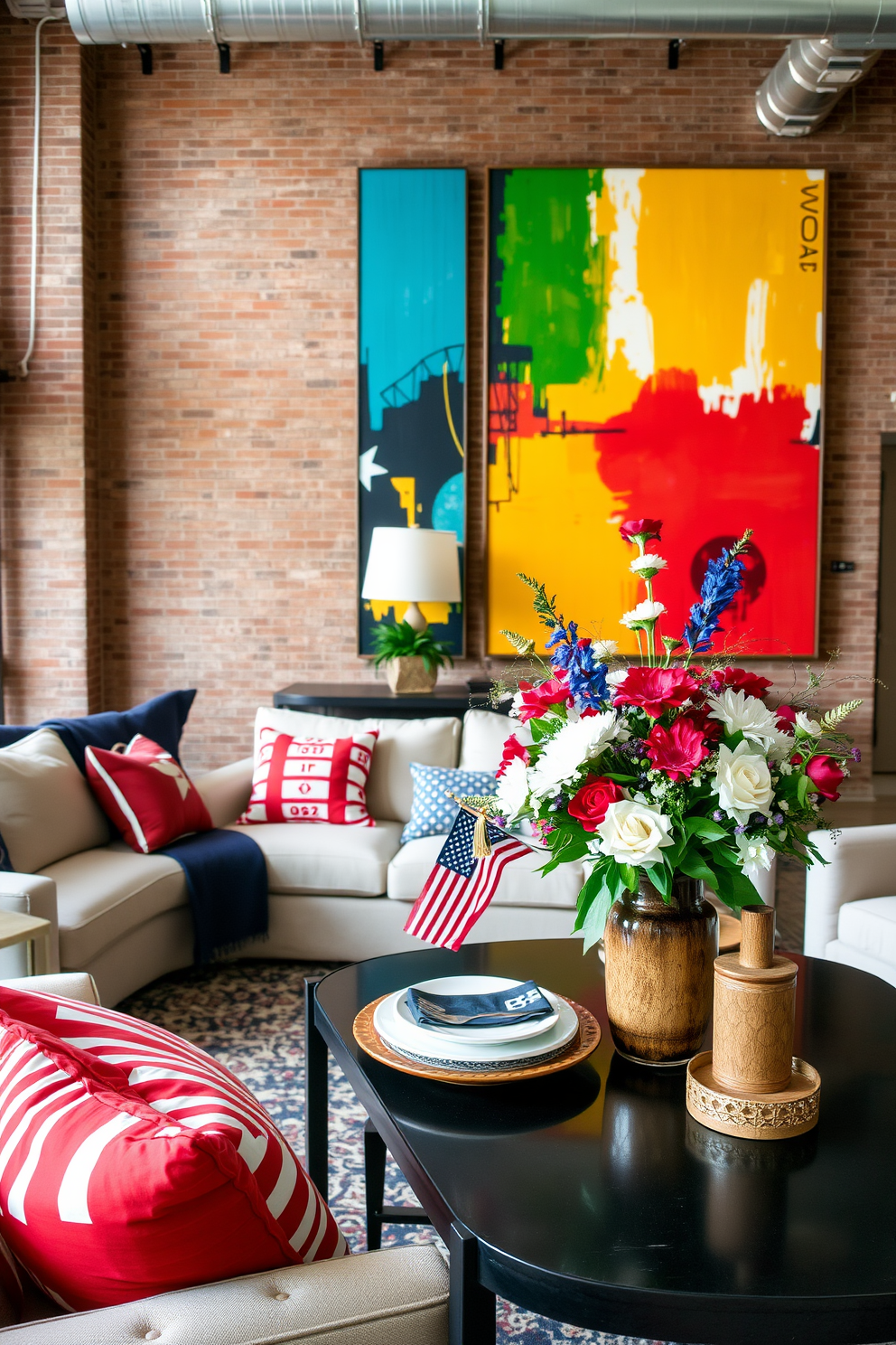 A spacious loft living area features large artwork as a focal point, showcasing vibrant colors that draw the eye. The artwork is complemented by industrial-style furniture, including a sleek metal coffee table and plush, oversized sofas in neutral tones. Incorporate Labor Day decorating ideas with festive accents, such as red, white, and blue throw pillows and a stylish table setting. Fresh flowers in a rustic vase add a touch of elegance, creating a warm and inviting atmosphere for gatherings.