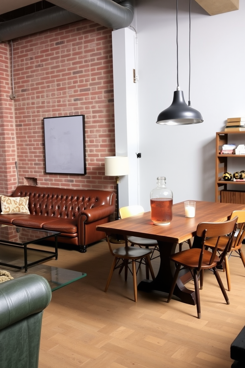 A stylish loft space featuring a mix of vintage and contemporary furniture. An antique leather sofa is paired with a sleek glass coffee table, while a modern art piece hangs on the exposed brick wall. The dining area showcases a rustic wooden table surrounded by mismatched chairs, combining classic and modern designs. Soft, ambient lighting from industrial-style pendant lamps creates a warm and inviting atmosphere.