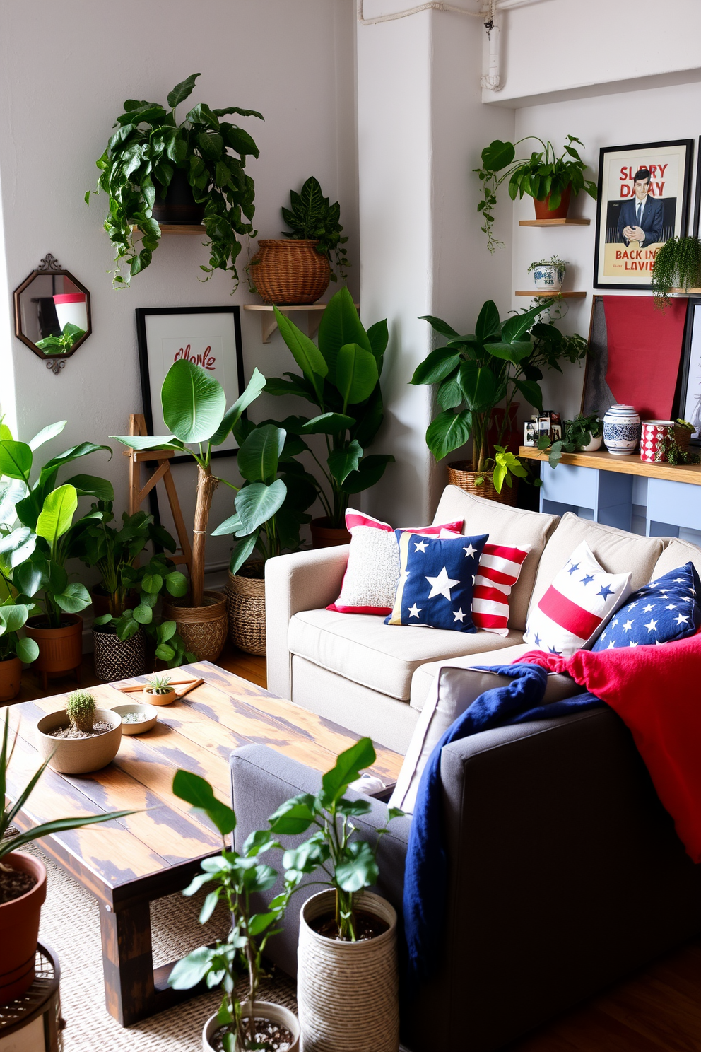 A cozy living space filled with various indoor plants that bring a fresh touch to the atmosphere. The plants are strategically placed around the room, with a large potted fiddle leaf fig in one corner and smaller succulents on the coffee table. A stylish loft decorated for Labor Day with a blend of patriotic colors and modern furniture. The space features a comfortable sectional sofa adorned with red, white, and blue throw pillows, alongside a rustic wooden coffee table and art pieces that celebrate the holiday.