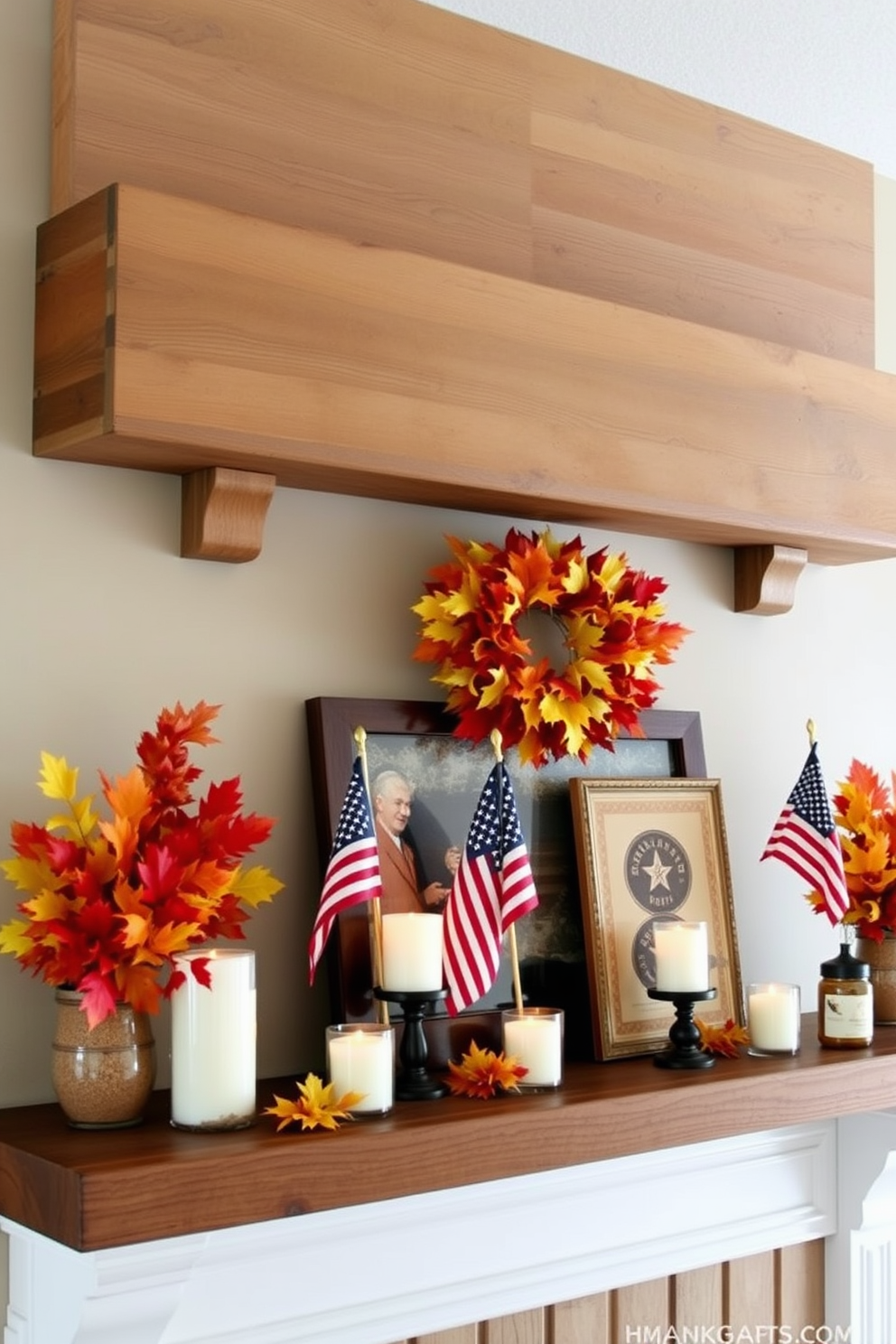 A festive mantel adorned with patriotic bunting in vibrant red white and blue colors. The bunting elegantly drapes across the mantel creating a cheerful and celebratory atmosphere for Labor Day.