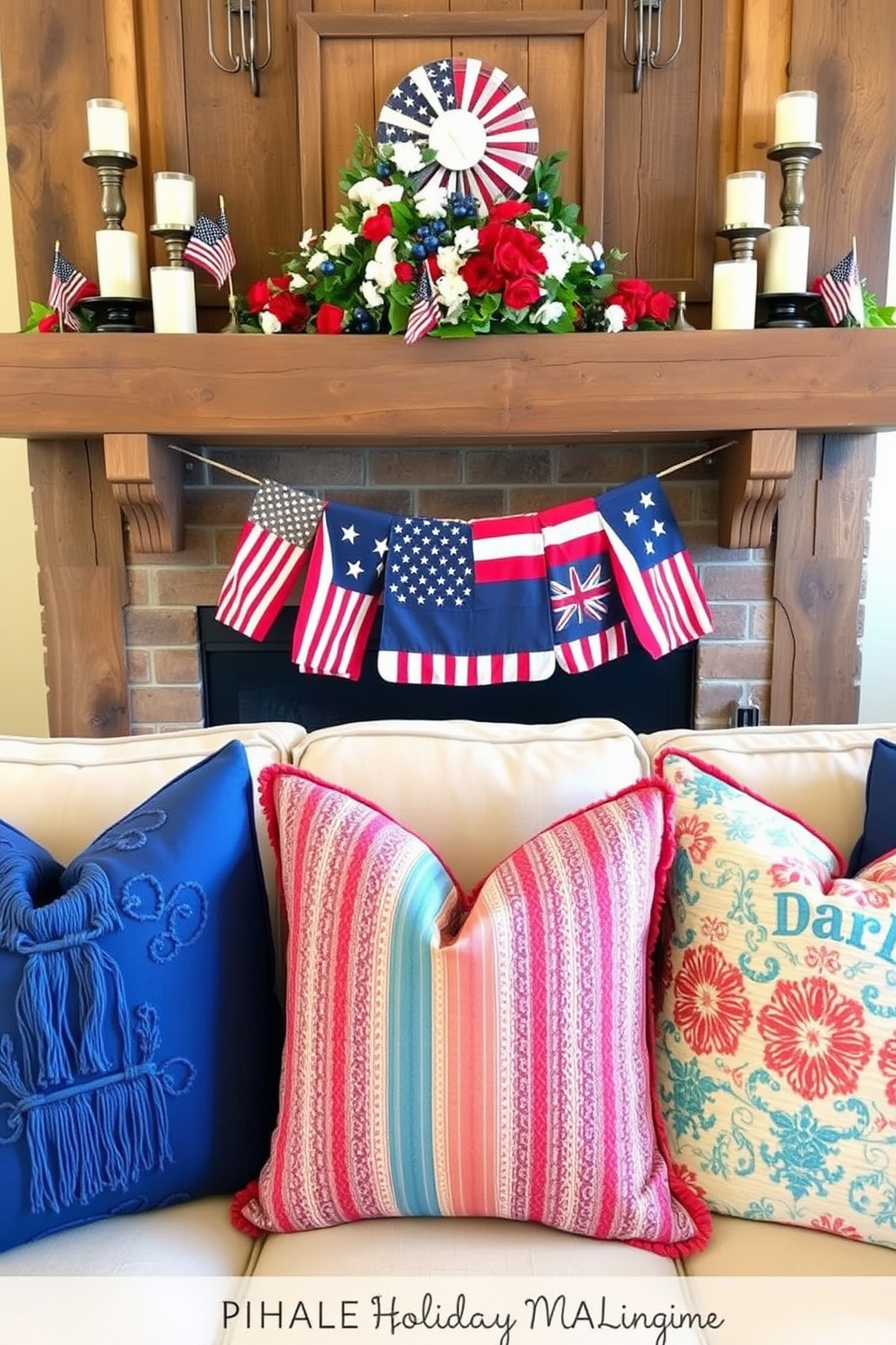 Colorful throw pillows are arranged on a cozy sofa, featuring a variety of patterns and textures that complement the room's decor. A vibrant mix of colors brings life to the seating area, creating a welcoming atmosphere. For Labor Day, the mantel is adorned with festive decorations, including small American flags and seasonal flowers in red, white, and blue. Rustic wooden accents and candles add warmth, making the space feel inviting for holiday gatherings.