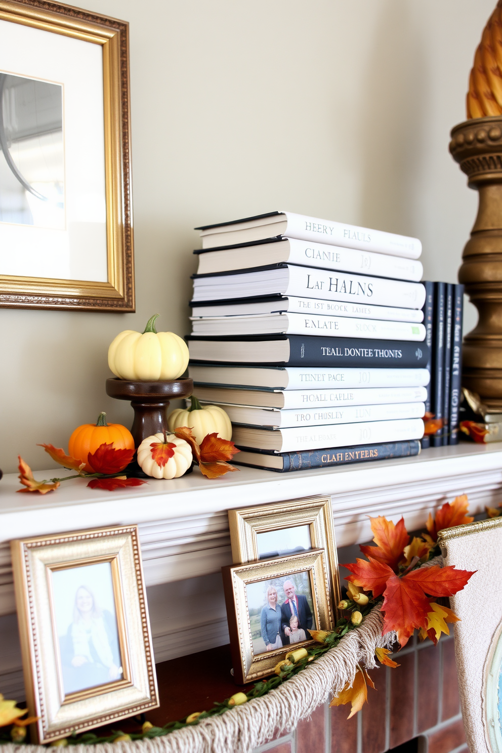 Classic books are artfully stacked on a mantel, creating a cozy and inviting atmosphere. Seasonal decor elements such as small pumpkins and autumn leaves are thoughtfully arranged alongside the books, enhancing the warmth of the setting. The mantel is adorned with a simple yet elegant garland that reflects the colors of fall. A few framed family photos are interspersed with the decor, adding a personal touch to the display.