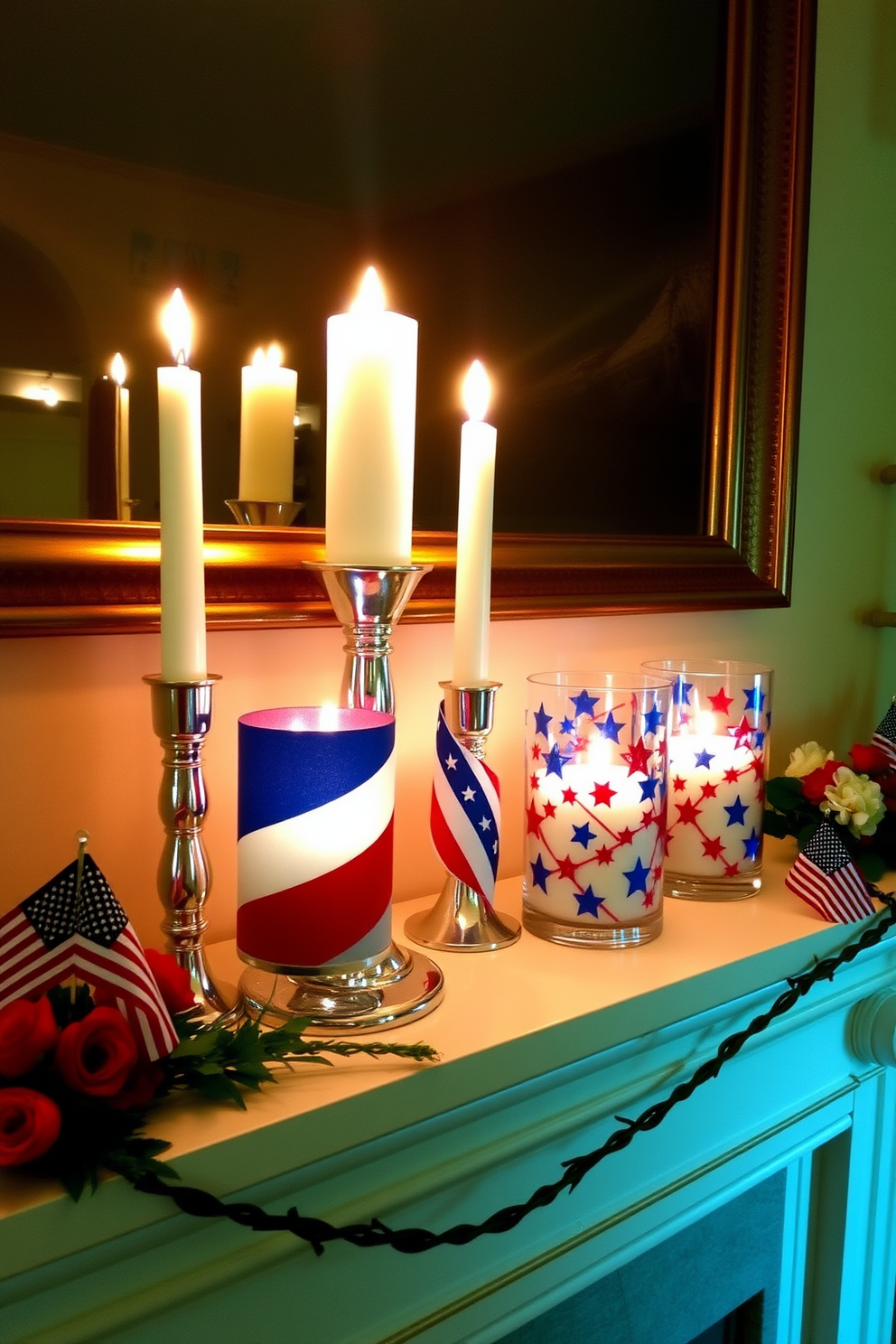 Crisp white candles are arranged on a beautifully styled mantel, each placed in elegant blue holders that complement the seasonal decor. The backdrop features a subtle autumn theme, with touches of red and gold leaves adding warmth and inviting charm to the Labor Day celebration.