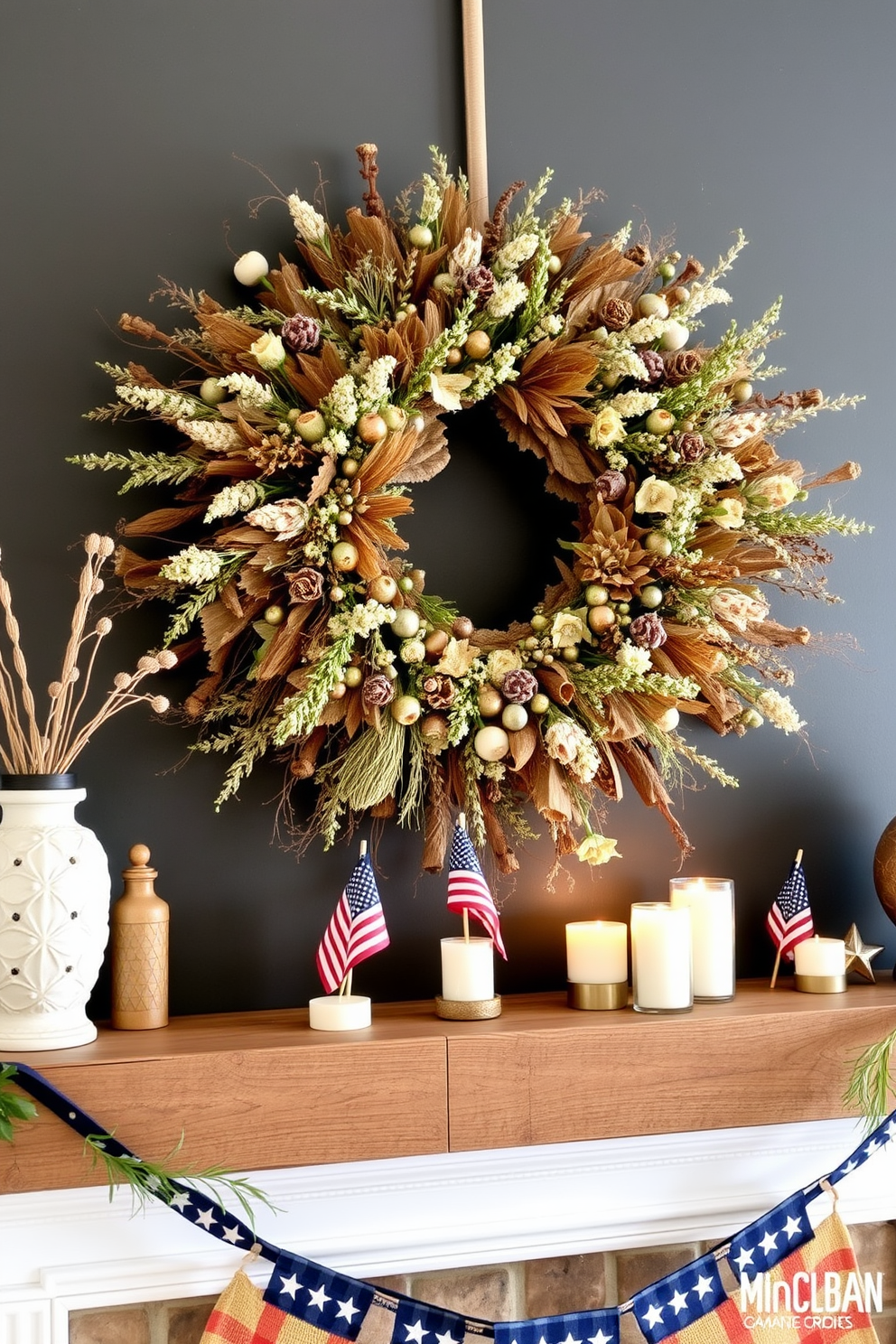 A beautifully arranged mantel adorned with a wreath made of dried flowers and herbs. The wreath features an array of muted tones, showcasing earthy browns and soft greens, perfectly complementing the rustic charm of the mantel. On the mantel, an assortment of decorative elements celebrates Labor Day, including small American flags and seasonal candles. The overall design creates a warm and inviting atmosphere, perfect for gathering with family and friends.