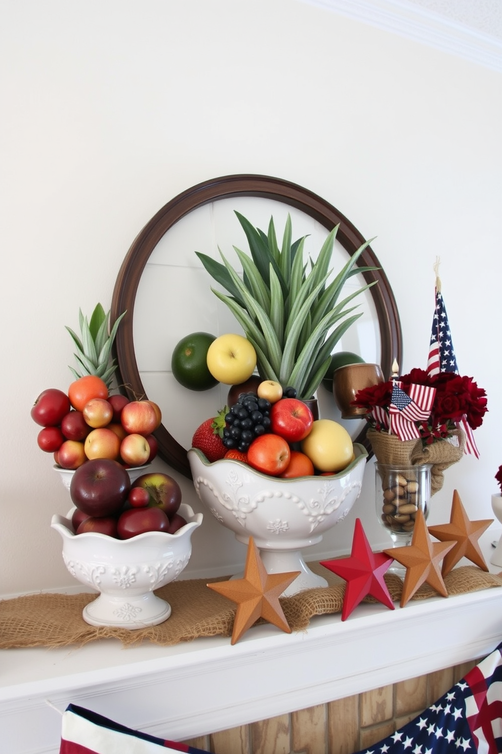 A vibrant display of seasonal fruits is artistically arranged in decorative bowls made of ceramic and glass. The colors of the fruits create a lively contrast against the natural textures of the bowls. For Labor Day, the mantel is adorned with patriotic decorations featuring red, white, and blue accents. Rustic elements like burlap and wooden stars add a charming touch to the festive display.