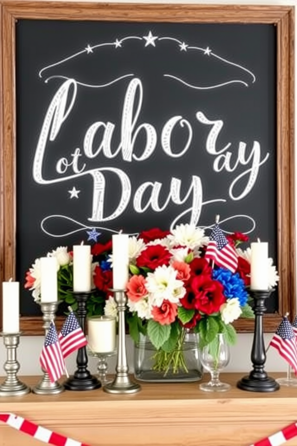 Chalkboard sign displaying a festive Labor Day message in elegant white lettering. The sign is framed with rustic wood and adorned with small decorative stars and stripes. Labor Day mantel decorated with a vibrant arrangement of red white and blue flowers. Festive bunting and small American flags are arranged alongside candles in varying heights for a cozy touch.