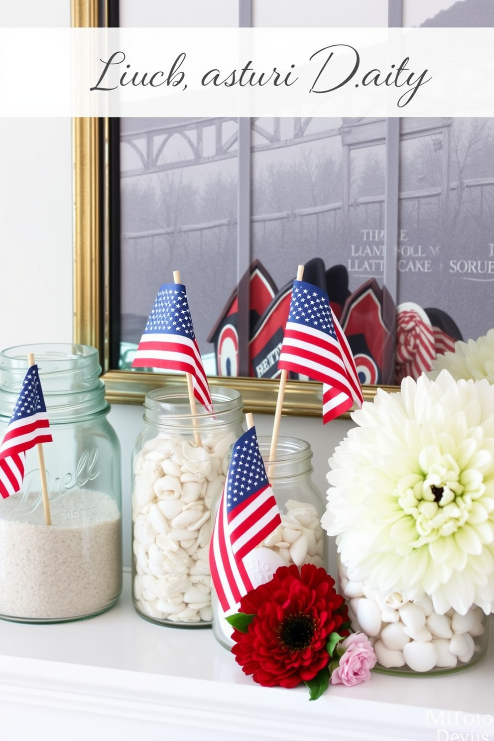 A beautifully styled mantel for Labor Day features an arrangement of glass jars filled with sand and shells. The jars are artfully placed alongside small American flags and seasonal flowers, creating a festive yet elegant atmosphere.