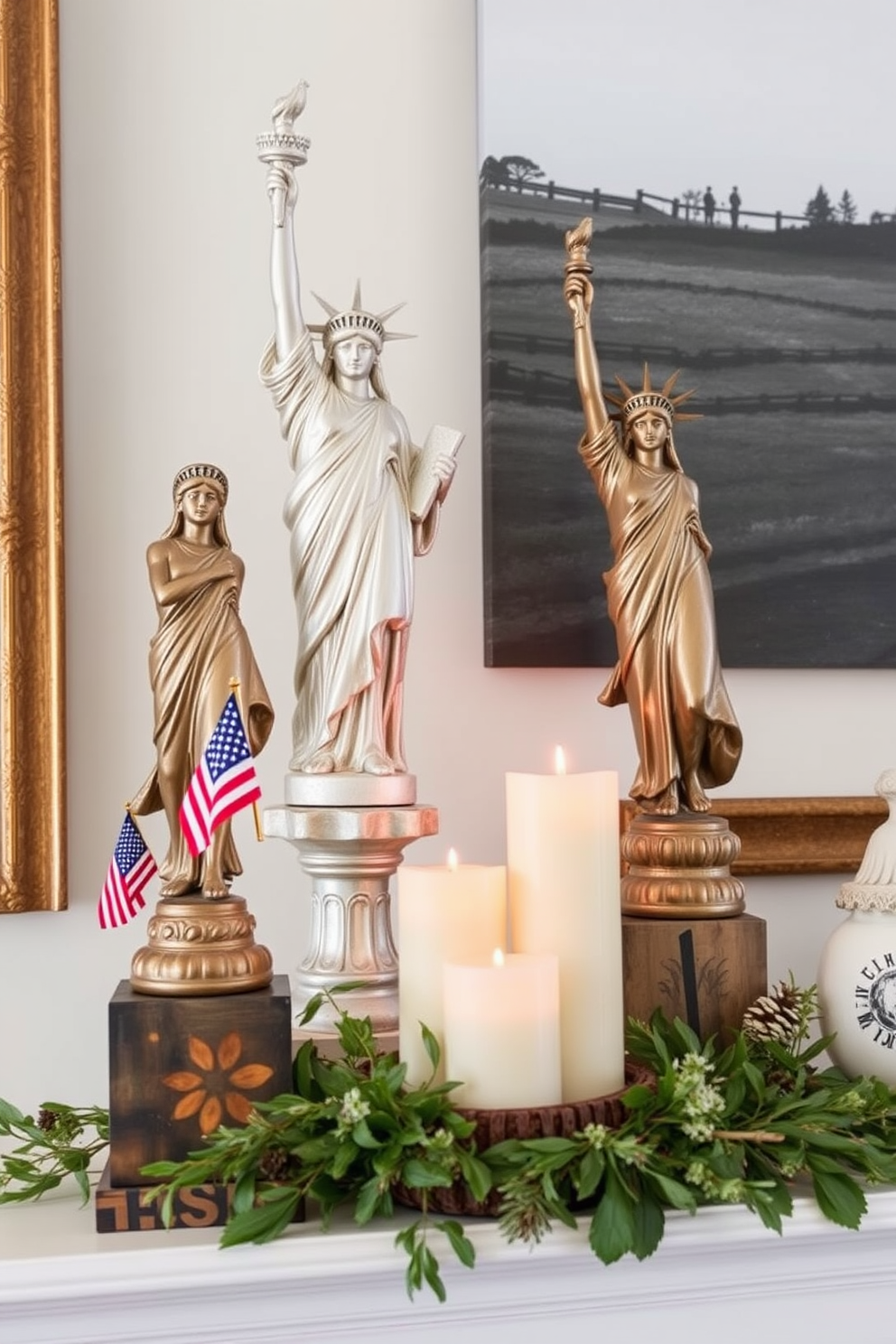 A vibrant display of colorful fireworks bursts across the canvas, creating a festive atmosphere perfect for celebrating Labor Day. The artwork is framed by a rustic wooden mantel adorned with seasonal decorations, including small American flags and miniature tool-themed accents.