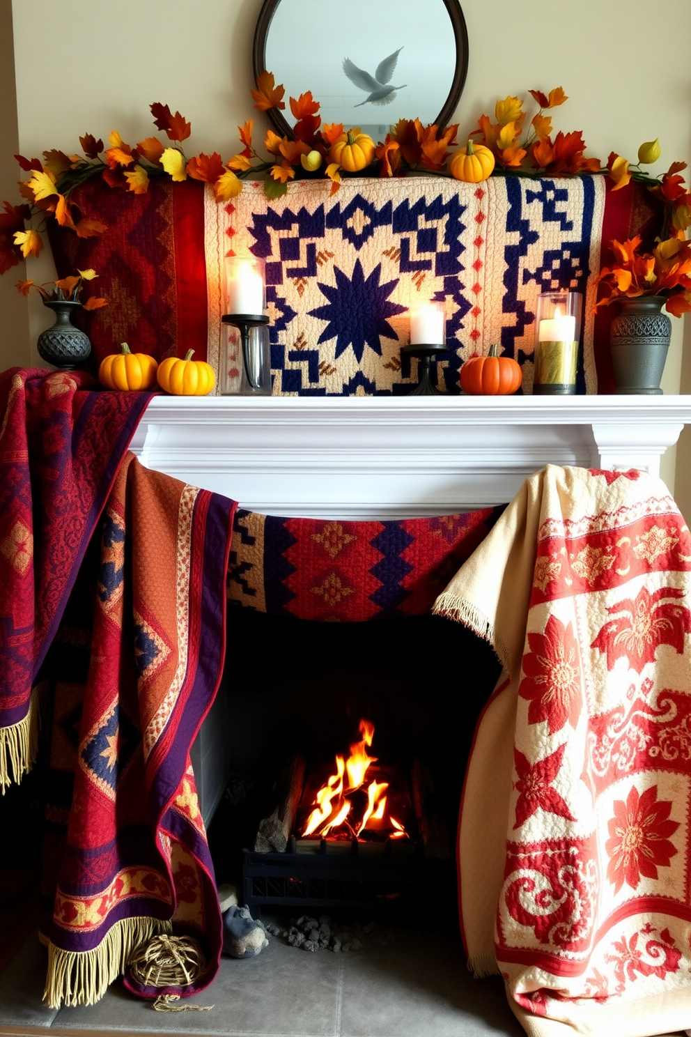 A cozy fireplace mantel adorned with colorful quilts and throws in various textures. The quilts feature intricate patterns and warm hues, creating a welcoming atmosphere for Labor Day celebrations. Above the mantel, seasonal decorations like small pumpkins and autumn leaves add a festive touch. Soft candlelight flickers from decorative holders, enhancing the inviting ambiance of the space.