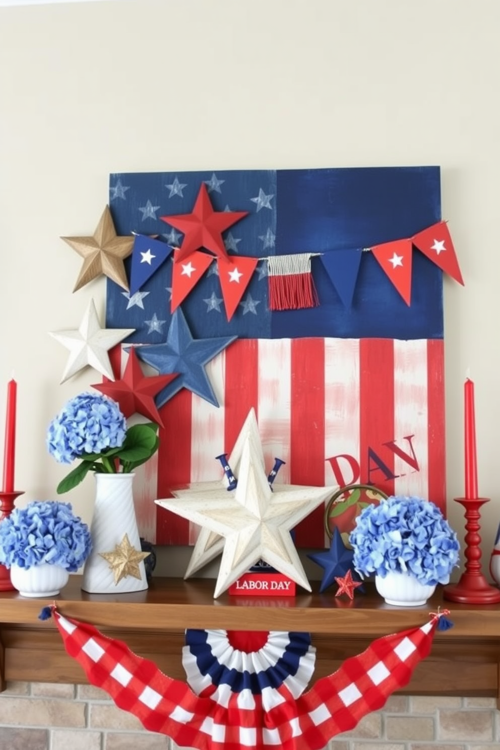 A festive mantel adorned with a red white and blue candle arrangement celebrating Labor Day. The candles vary in height and are placed on a rustic wooden tray, surrounded by small decorative stars and seasonal foliage.