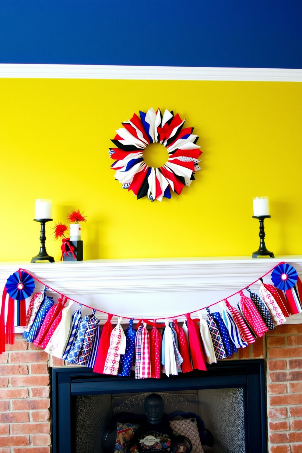 A vibrant mantel adorned with a seasonal garland made of colorful fabric and paper. The garland features red, white, and blue elements to celebrate Labor Day, creating a festive atmosphere.