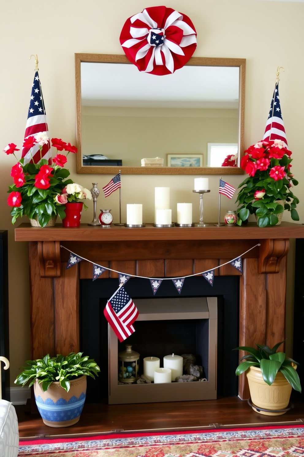 A cozy living room mantel decorated for Labor Day. There are potted plants with vibrant summer blooms placed on either side of the mantel, adding a touch of color and life to the space. The mantel itself features a rustic wooden design adorned with red, white, and blue accents. A collection of candles and small decorative flags are arranged harmoniously, creating a festive yet elegant atmosphere.