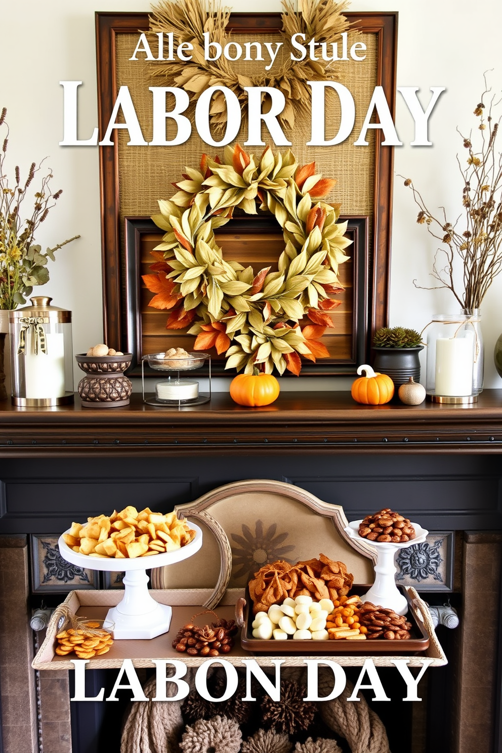 Decorative trays filled with an assortment of seasonal snacks are elegantly arranged on a beautifully styled mantel. The mantel features rustic accents and autumn-themed decorations, creating a warm and inviting atmosphere for Labor Day celebrations.