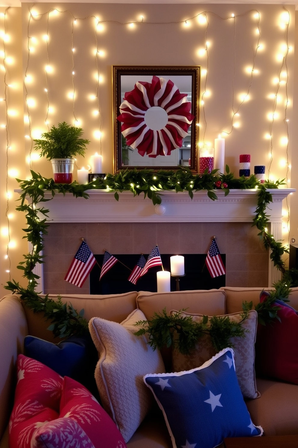 A cozy living room adorned with hanging string lights creates a festive atmosphere. The warm glow of the lights complements the soft textures of the plush sofa and colorful throw pillows. The mantel is elegantly decorated for Labor Day, featuring a mix of red, white, and blue accents. A garland of fresh greenery intertwines with small flags and seasonal candles, adding a patriotic touch to the setting.